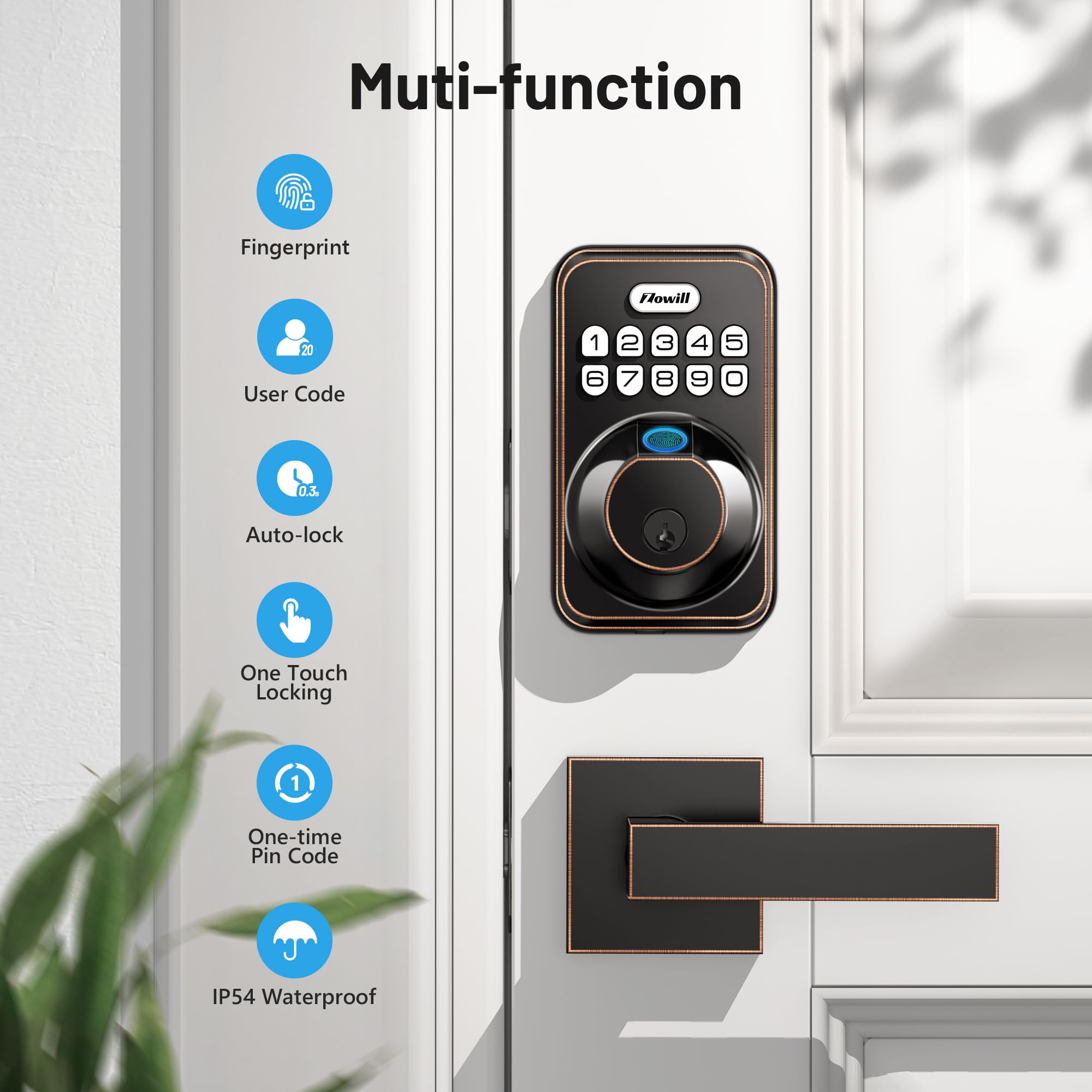 Zowill DK02A-L Smart Fingerprint Front Door Lock Set with 2 Handles - Auto Lock & One-Touch Lock, Easy Installation, Electronic Keypad Deadbolt, Keyless Entry Door Lock for Home Security | Perfect for Apartments, Houses & Vacation Homes