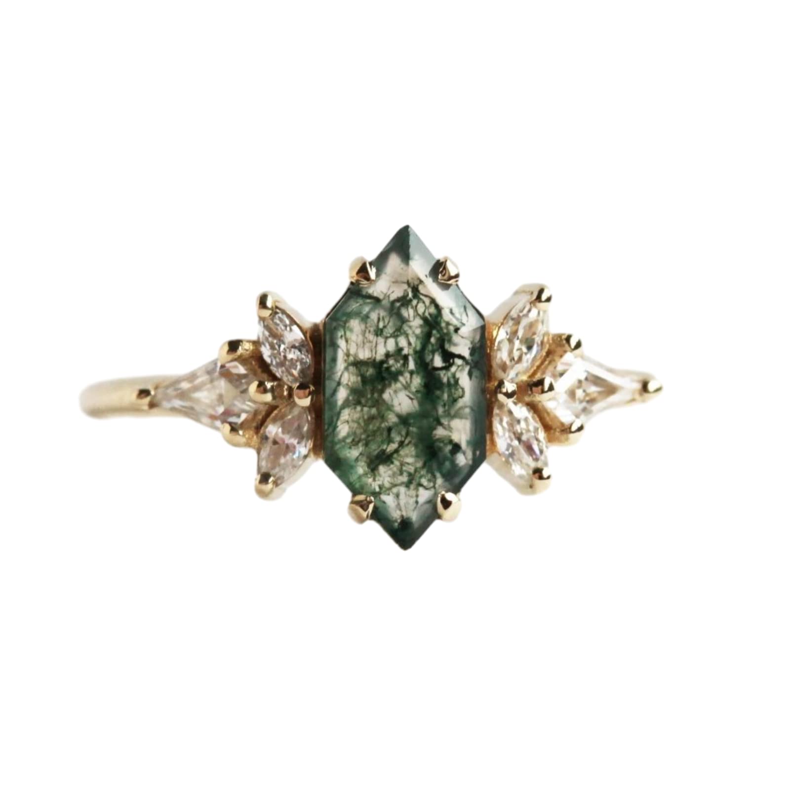 Natural Moss Agate Ring 1.5 ct Hexagon Green Moss Agate with Moissanite - S925 Sterling Silver 10K 14K 18K Gold Women's Engagement Promise Ring - Perfect for Weddings, Anniversaries & Romantic Gifts