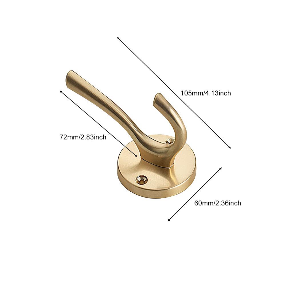 CALIDAKA 4 Pack Gold Wall Hooks - Heavy Duty Metal Coat Hooks for Hanging Coats, Hats & Towels - Double Hooks for Bathroom, Bedroom & Entryway - Rustproof Wall Mounted Hooks for Home & Office Organization