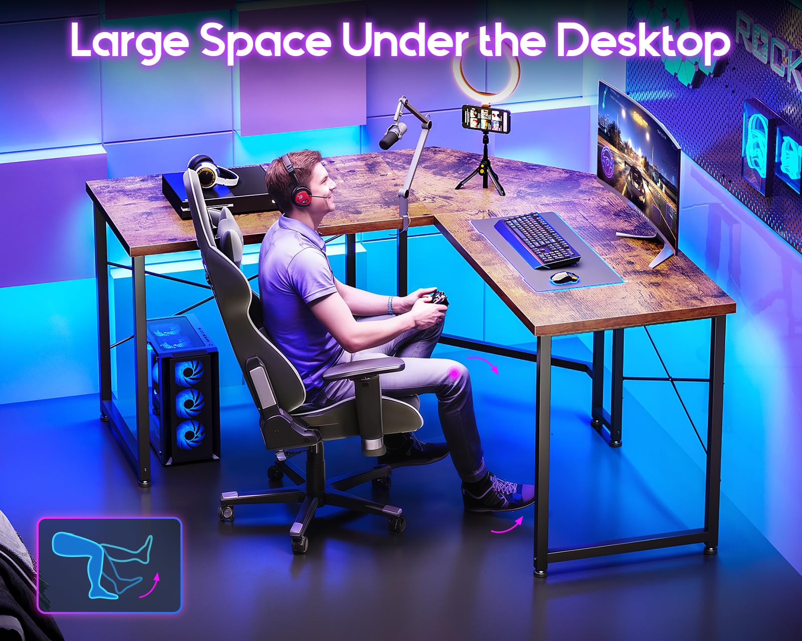 L Shaped Gaming Desk 51 inch - Sturdy Corner Computer Desk for Home Office, Small Space Workstation, Easy to Assemble Rustic Brown | Perfect for PC Gaming Setup, Streaming & Home Office Workspace