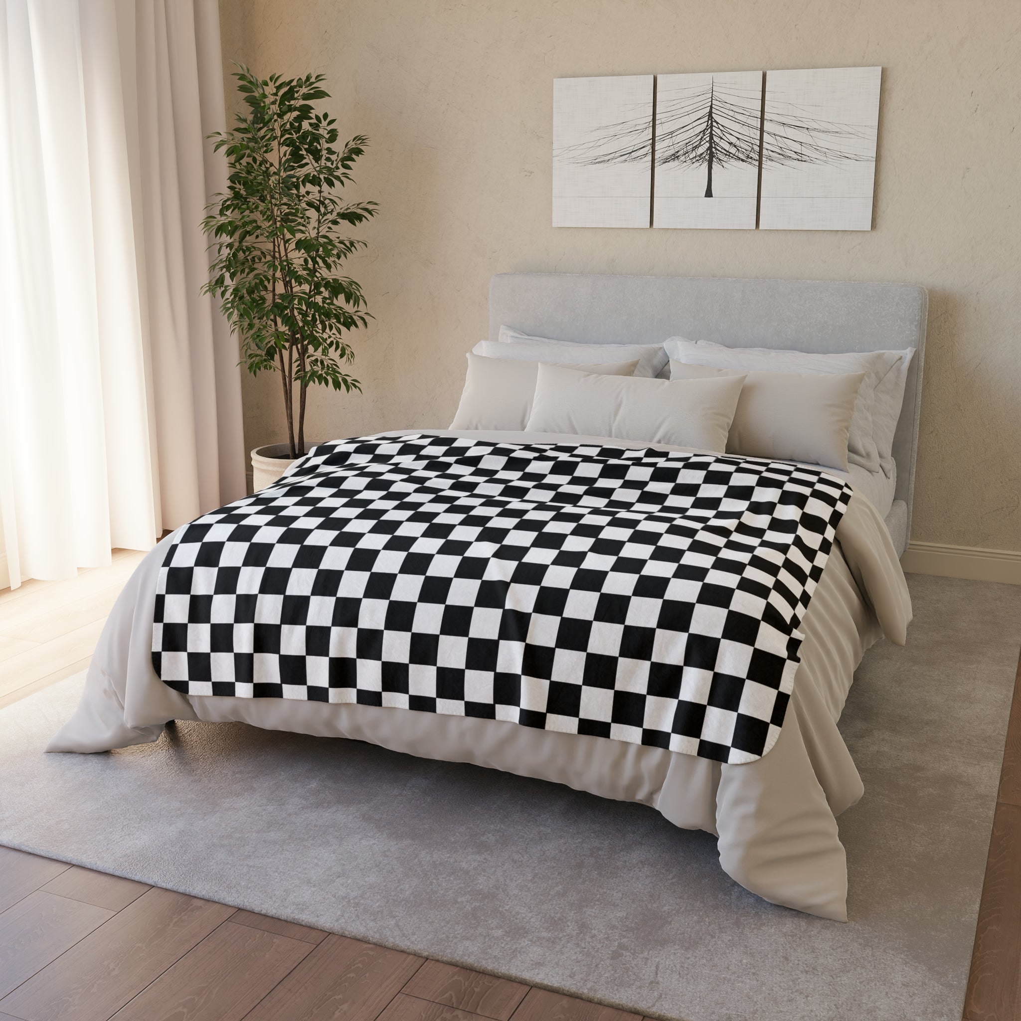 Black and White Checkered Fleece Sherpa Blanket - Soft Plaid Throw for Couch, Bed, Camping & Outdoor Use