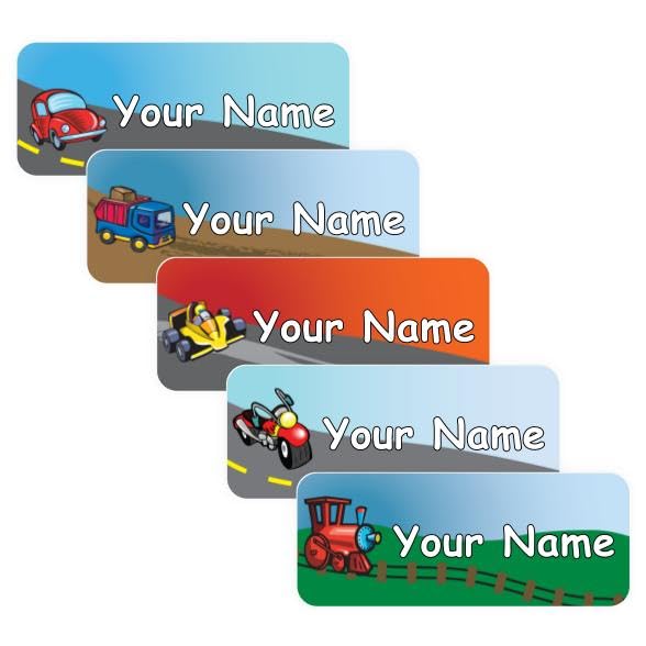 Oliver's Labels Transportation Theme Personalized Name Labels - 40 Durable Custom Tags for Kids' School Supplies, Camp Gear, Water Bottles & Lunch Boxes | Perfect for Daycare, Back-to-School & Summer Camp Organization