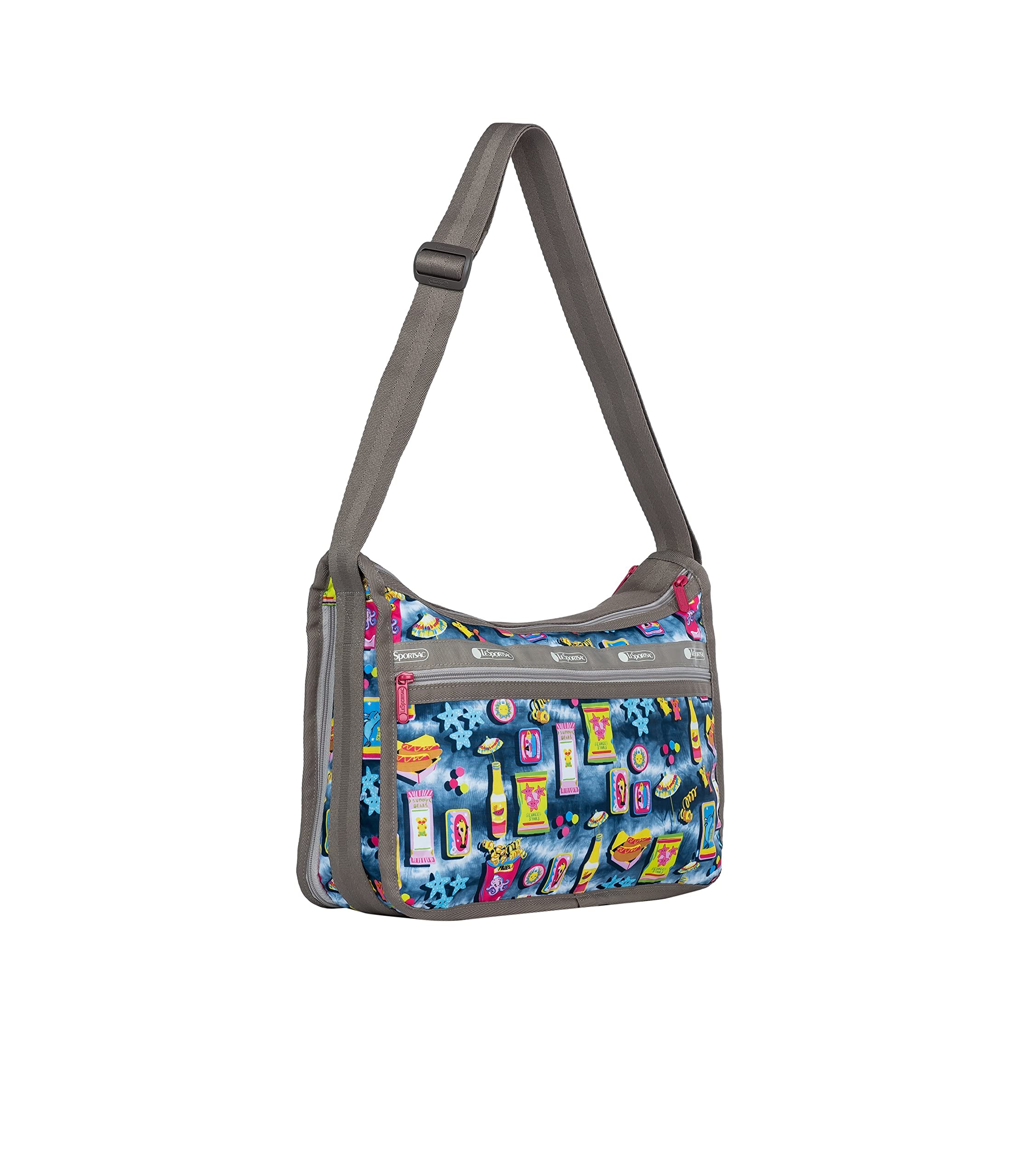 LeSportsac Beach Snacks Deluxe Crossbody Bag with Cosmetic Pouch - Vibrant Pop Art Design Featuring Hot Dogs, Fries & Tropical Drinks (Style 7507, Hot Pink) | Perfect for Beach Trips, Summer Outings & Everyday Use