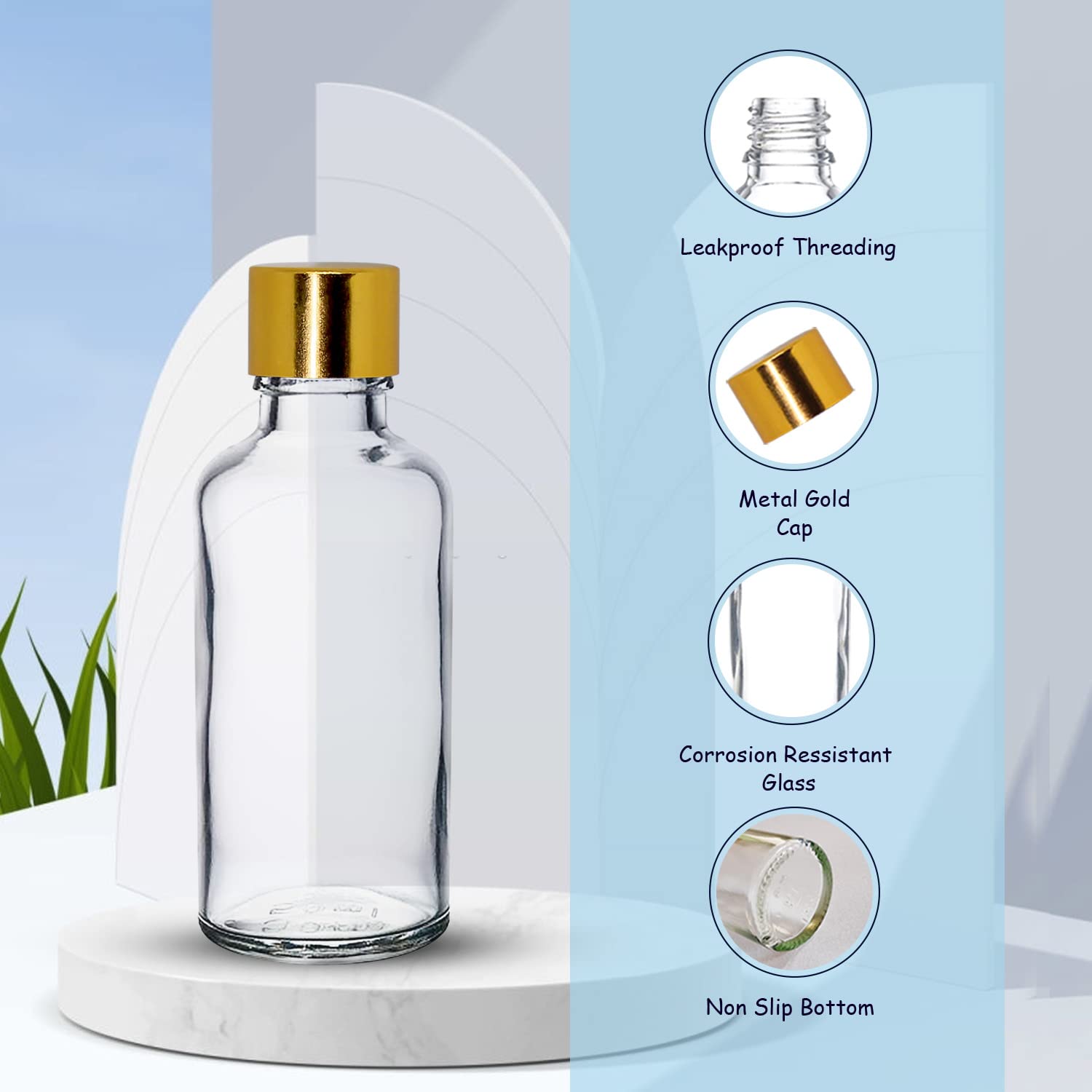 NSB Herbals 50ml Clear Round Empty Glass Bottles with Gold Seal Cap & Safety Plug - Refillable, Leak Proof Essential Oil Bottles, Perfume Containers (Pack of 6) - Perfect for DIY Aromatherapy, Travel & Gift Packaging