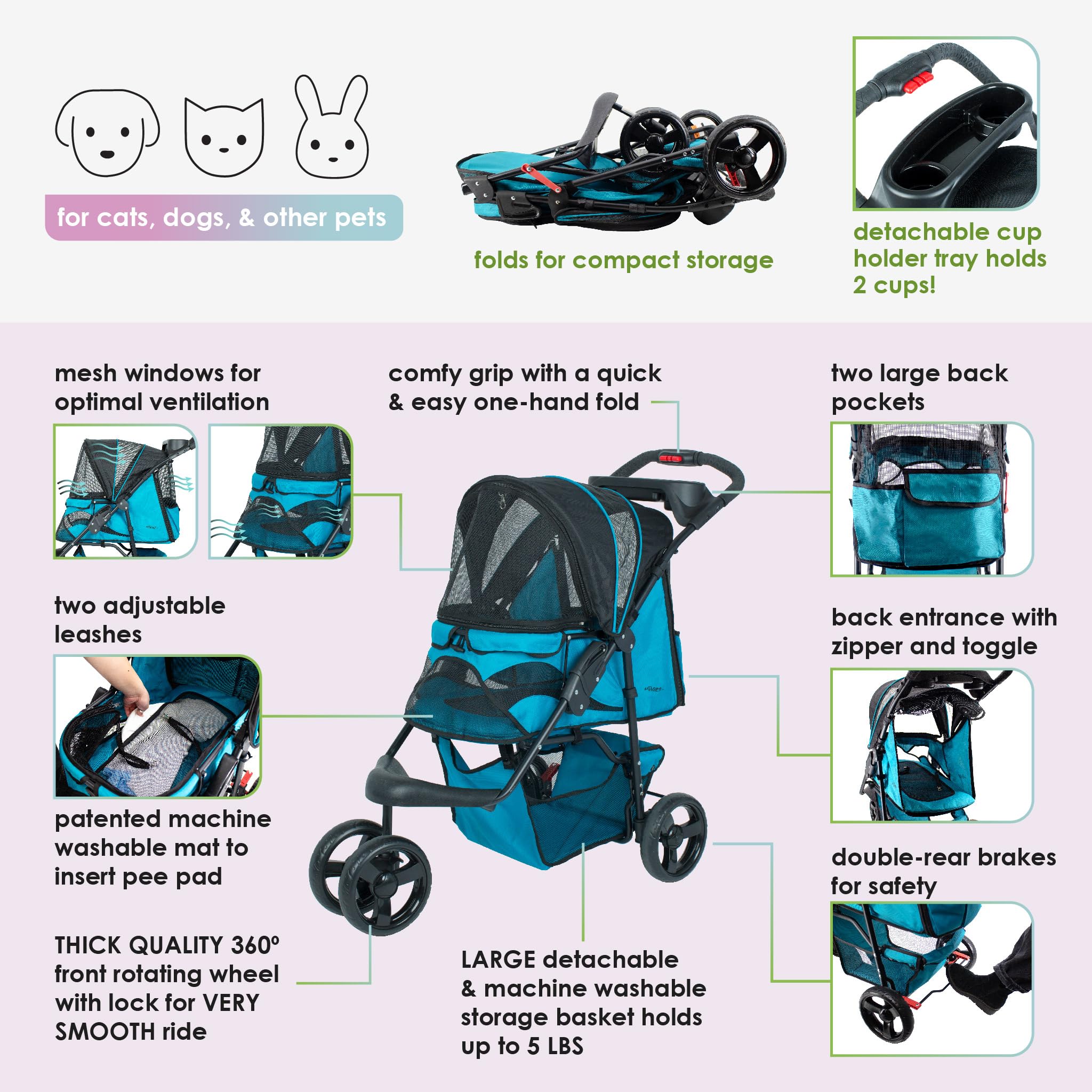 Premium Pet Stroller for Small to Medium Dogs & Cats - Durable, Easy Fold Design with Mesh Windows & Large Storage Basket - Secure Cup Holder Tray - Supports Pets Up to 55lbs - Mermaid Blue - Perfect for Outdoor Walks, Vet Visits & Travel Adventures