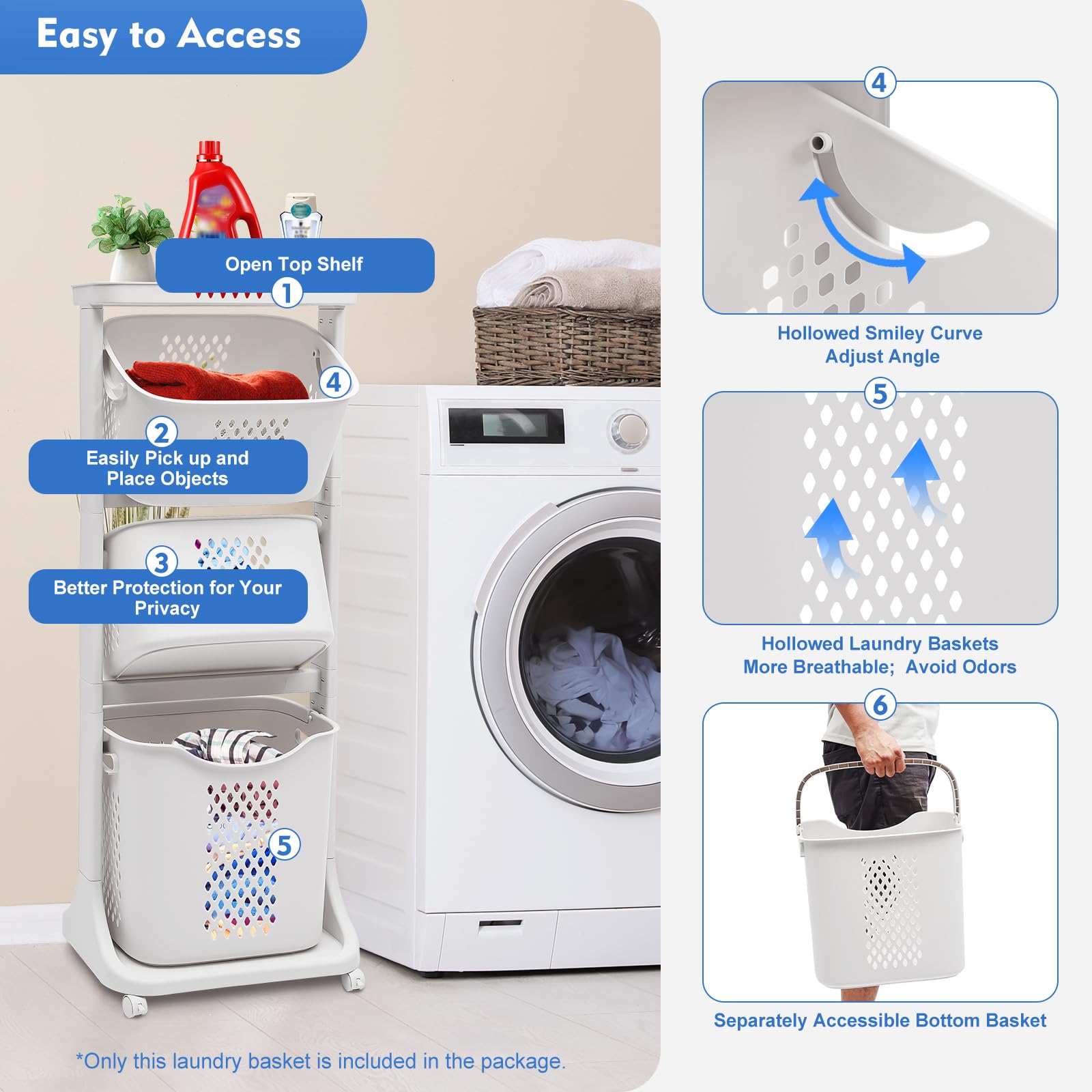 Large Rolling Laundry Basket Tower with Wheels - 17 x 13 x 43 Inch Multifunctional Plastic Storage Organizer for Laundry Room, Bedroom & Closet | Space-Saving Laundry Hamper with Easy Mobility