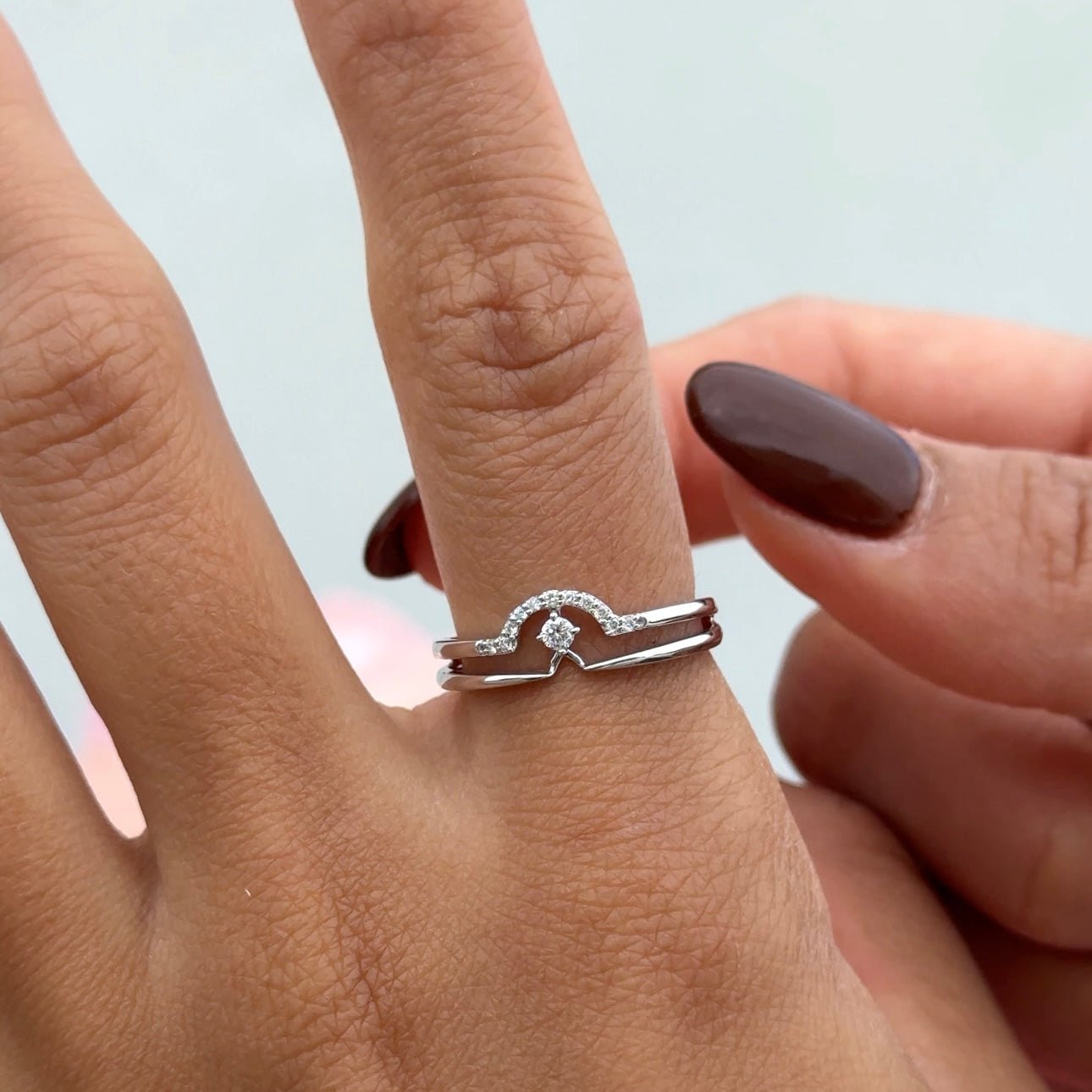 14k White Gold Diamond Curve Double Layer Band Ring for Women - Elegant Stackable Wedding Band, Anniversary Gift, or Everyday Jewelry