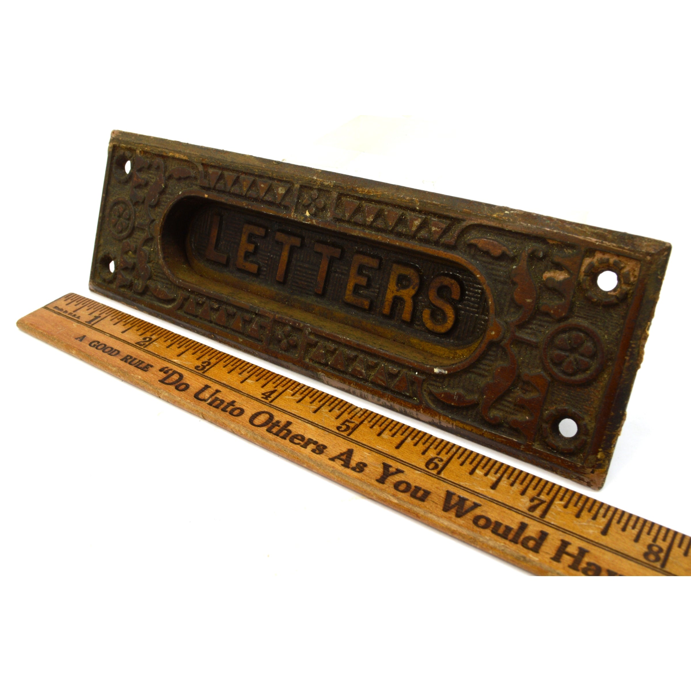 Antique Salvaged Door Hardware - Ornate Cast Iron Letters Pass Through Slot with Patina - Perfect for Vintage Home Decor & DIY Projects