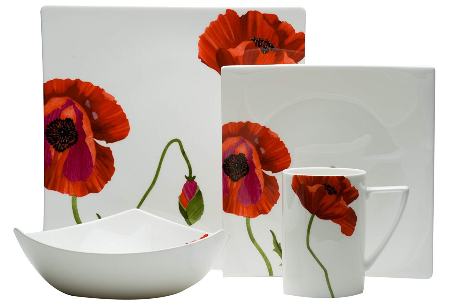 Red Vanilla Summer Sun 16-Piece Dinnerware Set - Porcelain Dinner Plates, Bowls & Cups - Elegant White Tableware for Casual Dining, Family Gatherings & Outdoor Picnics