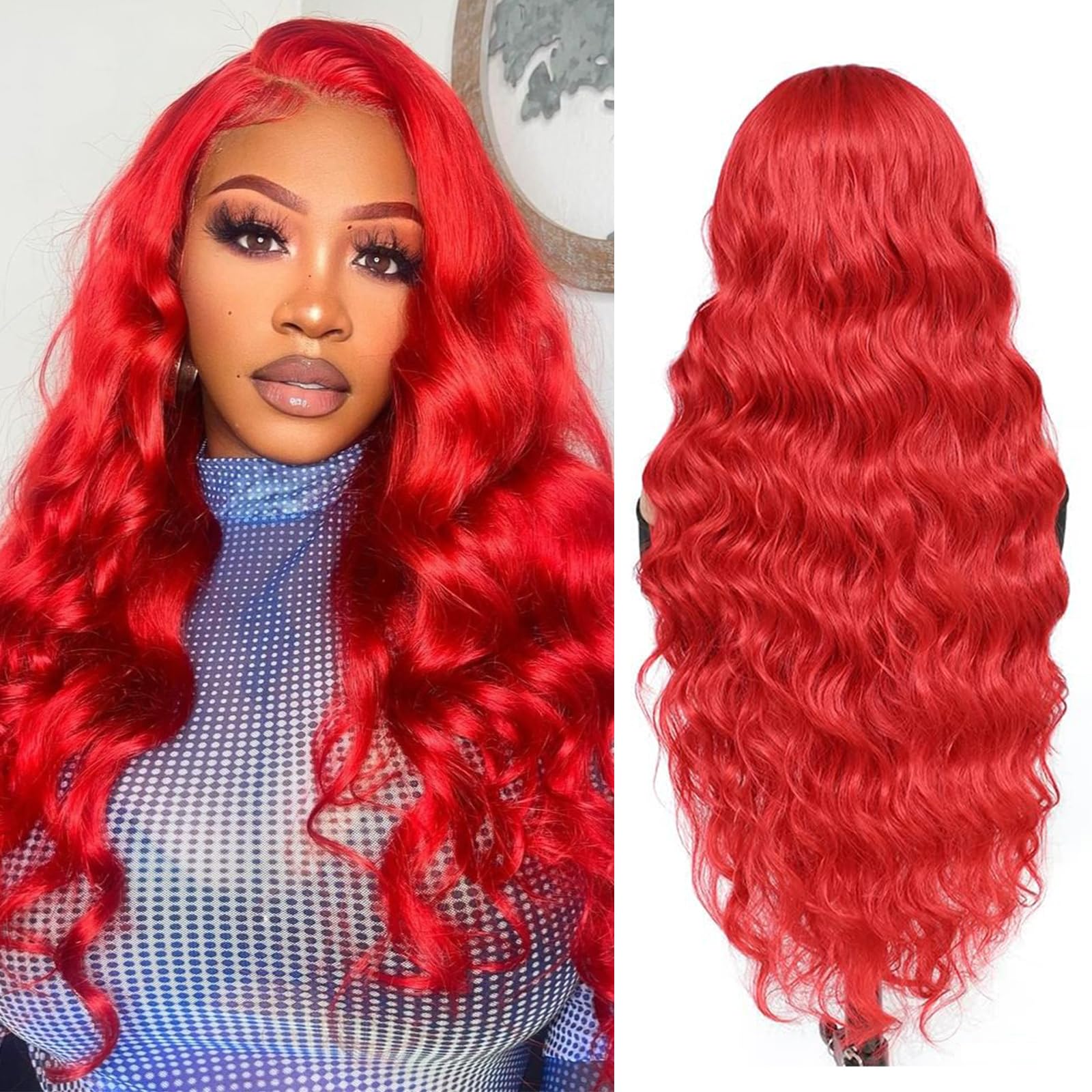 13x4 HD Lace Front Wigs Human Hair - 200% Density Red Body Wave Wig 24 Inch | Natural Looking Red Colored Human Hair Wig for Cosplay, Halloween & Daily Wear