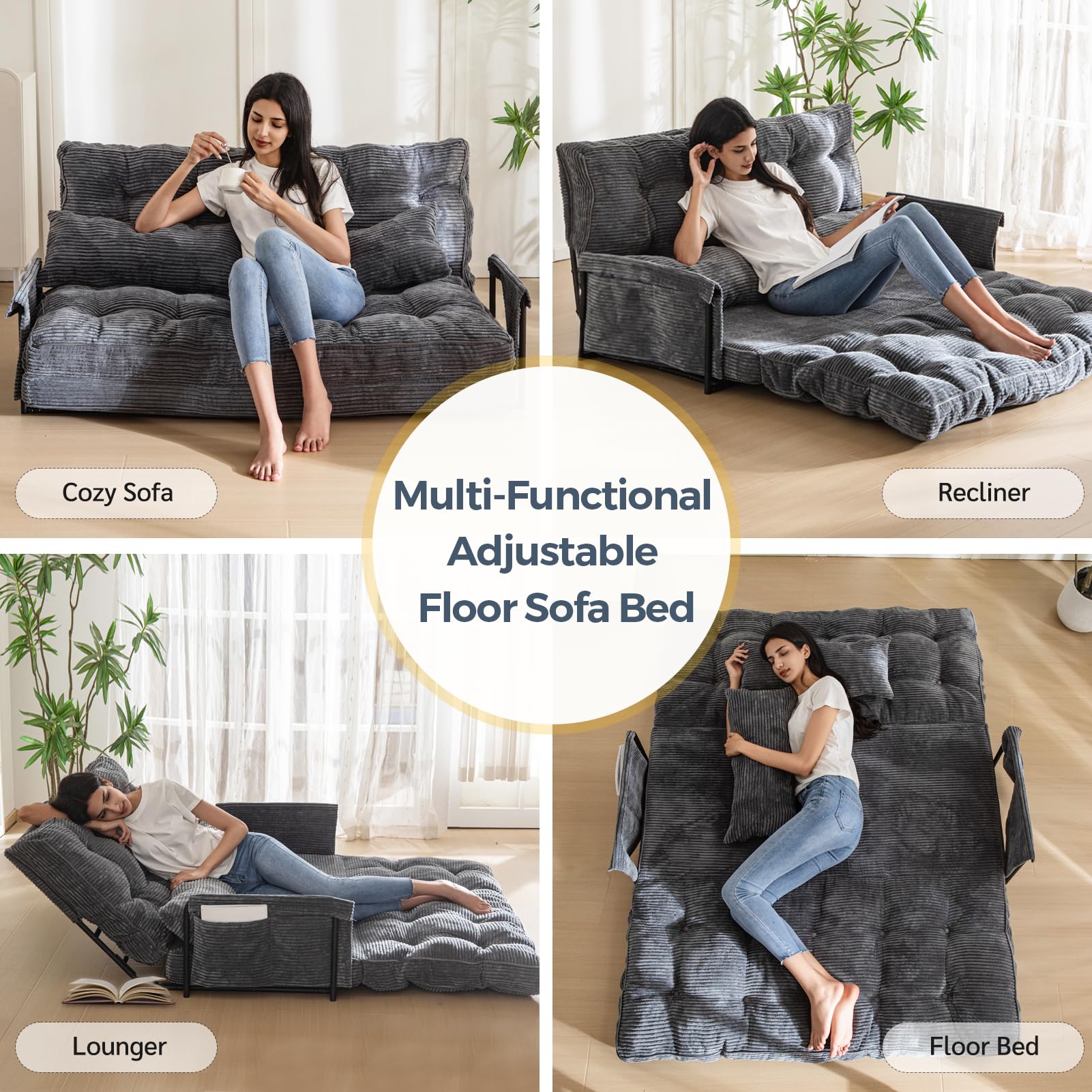 MAXYOYO Adjustable Floor Sofa Bed with 2 Pillows - Multi Functional Bean Bag Sleeper Bed with Armrest for Reading, Gaming & Lounging - Dark Grey - Perfect for Small Spaces, Dorm Rooms & Home Theater Seating