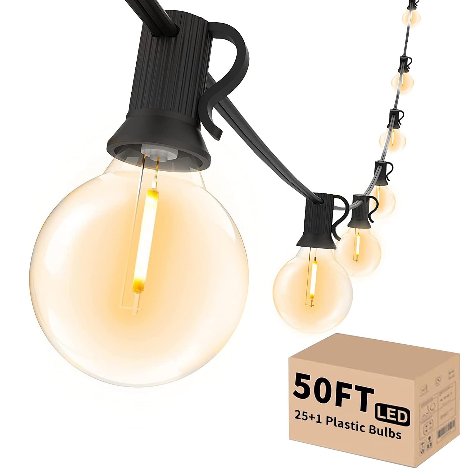 50 FT Outdoor String Lights with 26 LED Bulbs - Waterproof Shatterproof Connectable Hanging Globe Lights for Patio, Bistro, Cafe, Backyard, Balcony - Warm White Decorative Lighting for Parties, Weddings & Outdoor Dining
