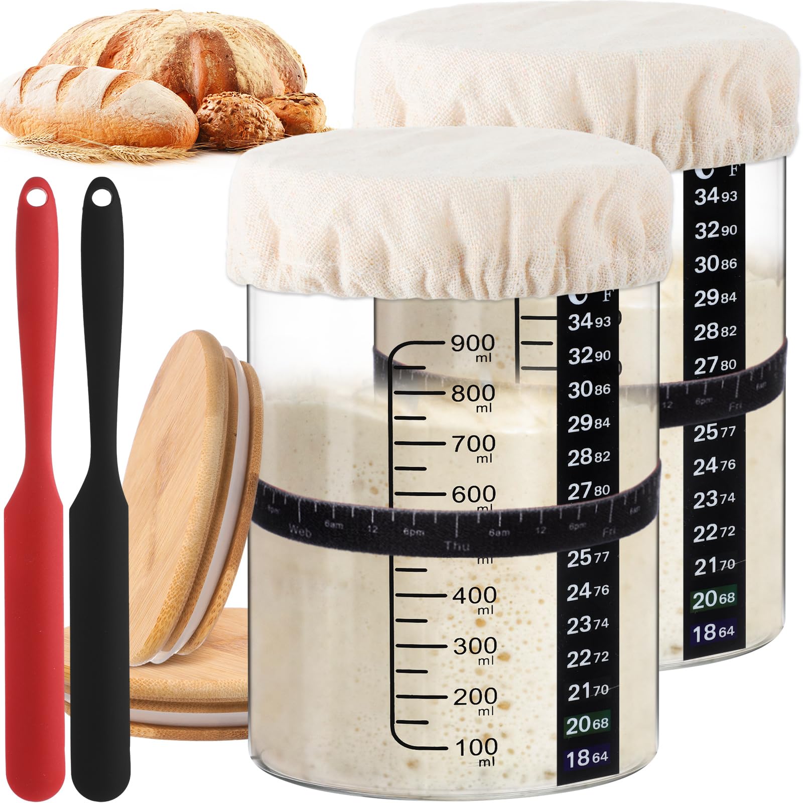 2-Pack 34 oz Sourdough Starter Kit with Thermometer, Scraper, Cloth Cover & Bamboo Lid - Wide Mouth Glass Jar for Homemade Bread Baking - Perfect for Artisan Sourdough, Pizza Dough & Fermented Foods