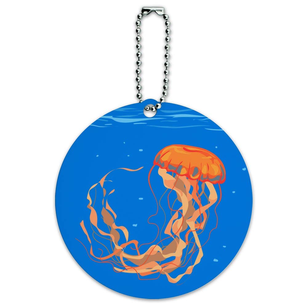 Waterproof Orange Jellyfish Luggage Tag - Durable Round ID Card for Suitcases & Carry-On Bags | Perfect for Travel, Vacation & Airport Identification