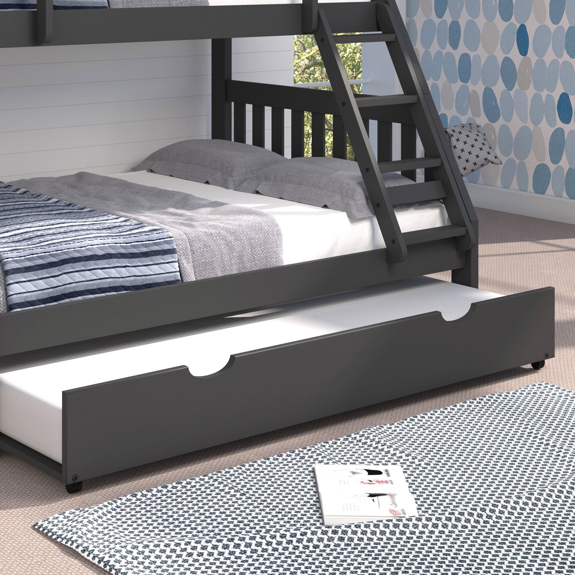 Jordan Bunk Bed With Trundle - Space-Saving Twin/Full Size Kids Bunk Bed with Pull-Out Bed - Perfect for Small Bedrooms, Guest Rooms & Kids' Sleepovers