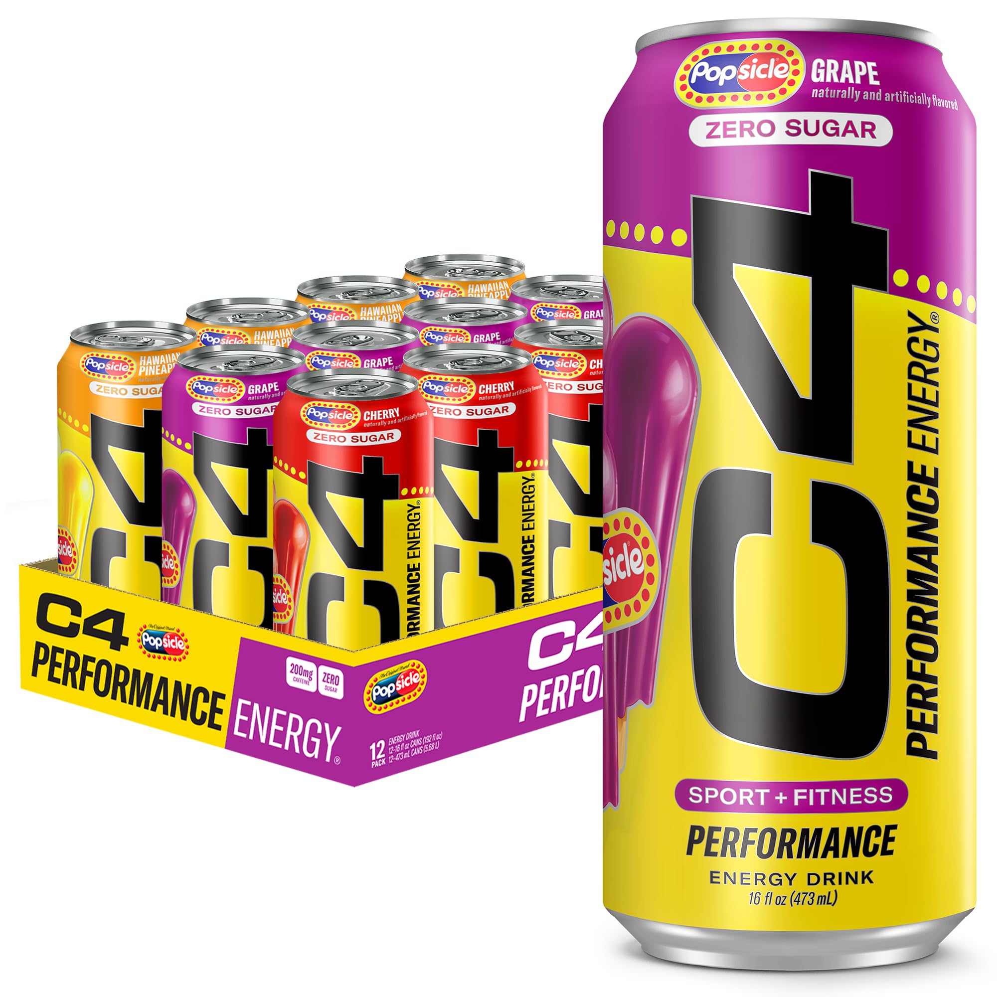 C4 Energy Drink x Popsicle Variety Pack - Sugar Free Carbonated Pre Workout Performance Drink (Grape, Hawaiian Pineapple, Cherry) | No Artificial Colors or Dyes | 16oz Cans, 12 Pack | Boost Energy for Workouts, Gaming & Active Lifestyles