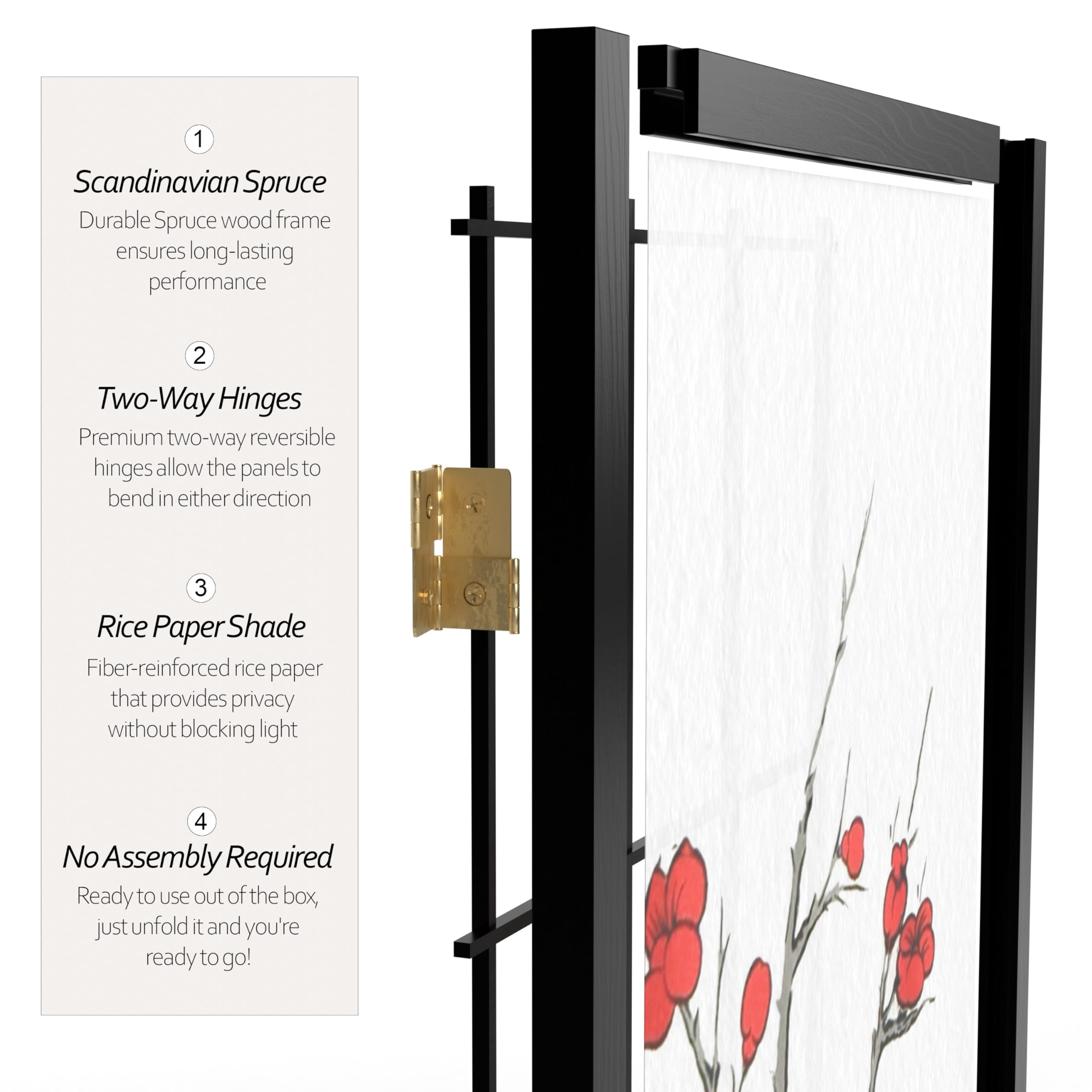 Red Lantern SS-84CBLSS-Black-4P 4-Panel Black Room Divider Screen - Perfect for Home Office, Living Room & Bedroom Privacy