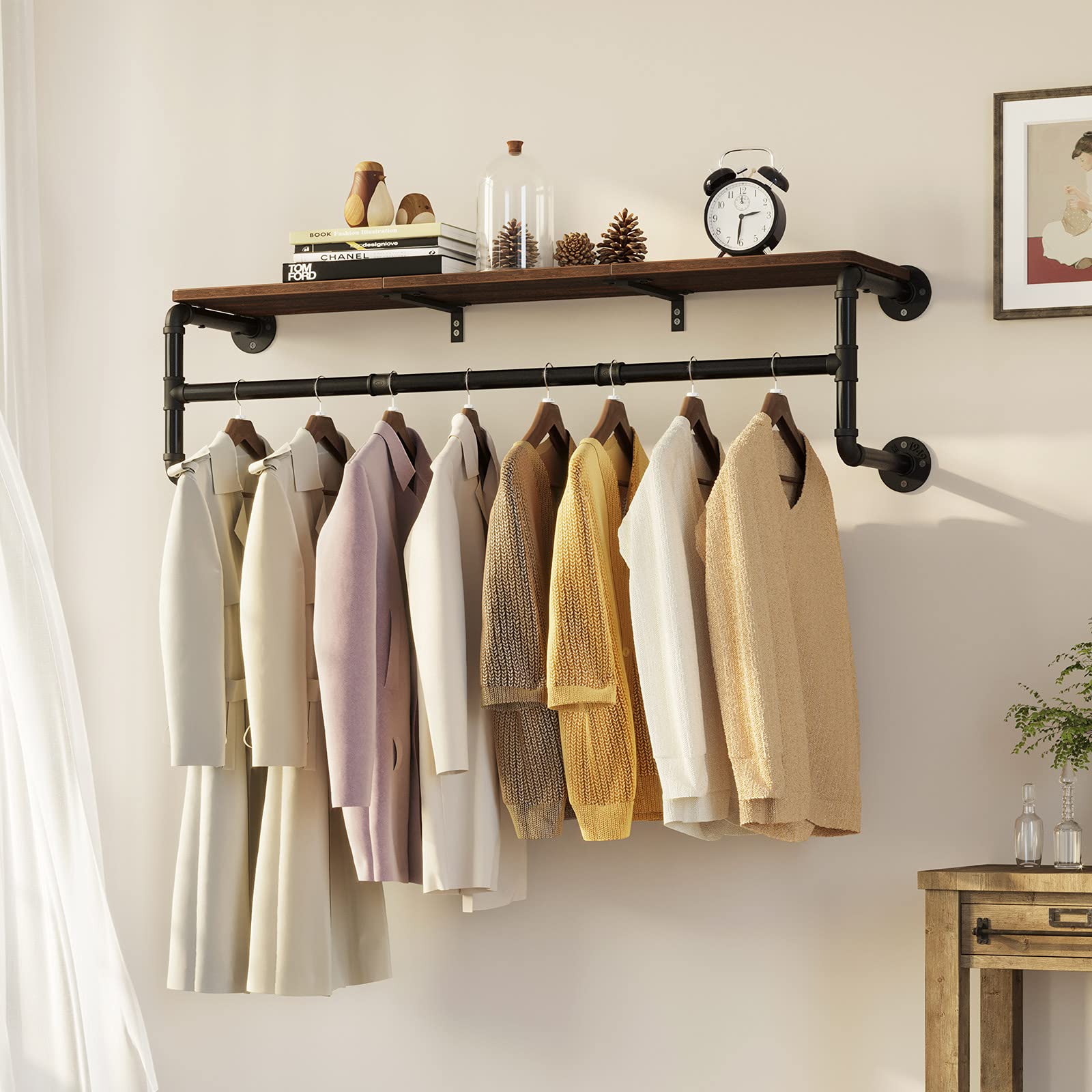 GREENSTELL Wall Mounted Clothes Rack - 45.5 Inch Industrial Pipe Shelf with Hanging Rod for Bedroom, Laundry Room & Closet | Space Saving Clothing Organizer for Hanging Clothes, Towels & Accessories | Perfect for Small Spaces & Apartment Living