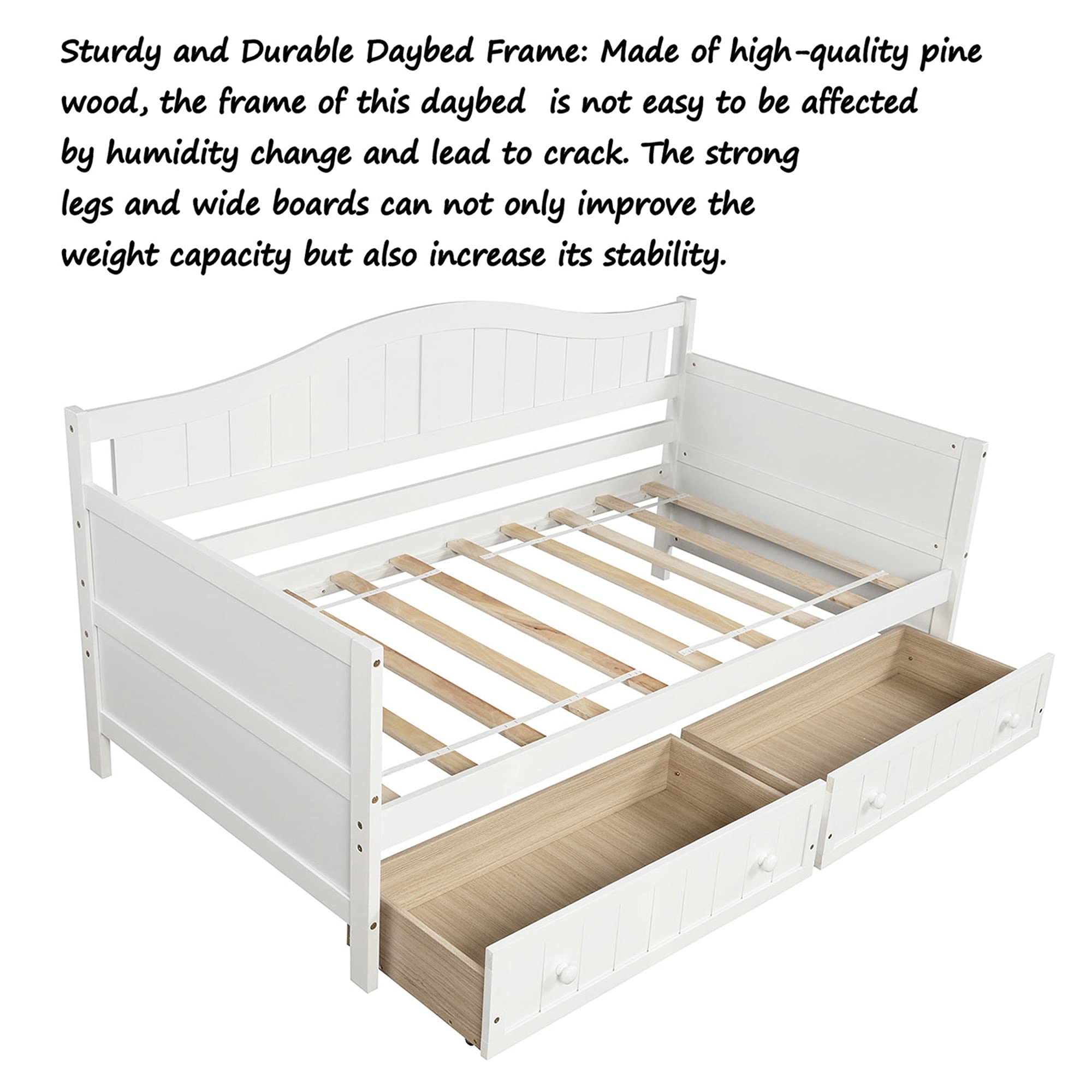 P PURLOVE Twin Daybed with 2 Drawers - Solid Wood Sofa Bed Frame for Bedroom & Living Room - No Box Spring Needed - White - Perfect for Guest Rooms, Small Spaces & Multi-Functional Furniture Needs