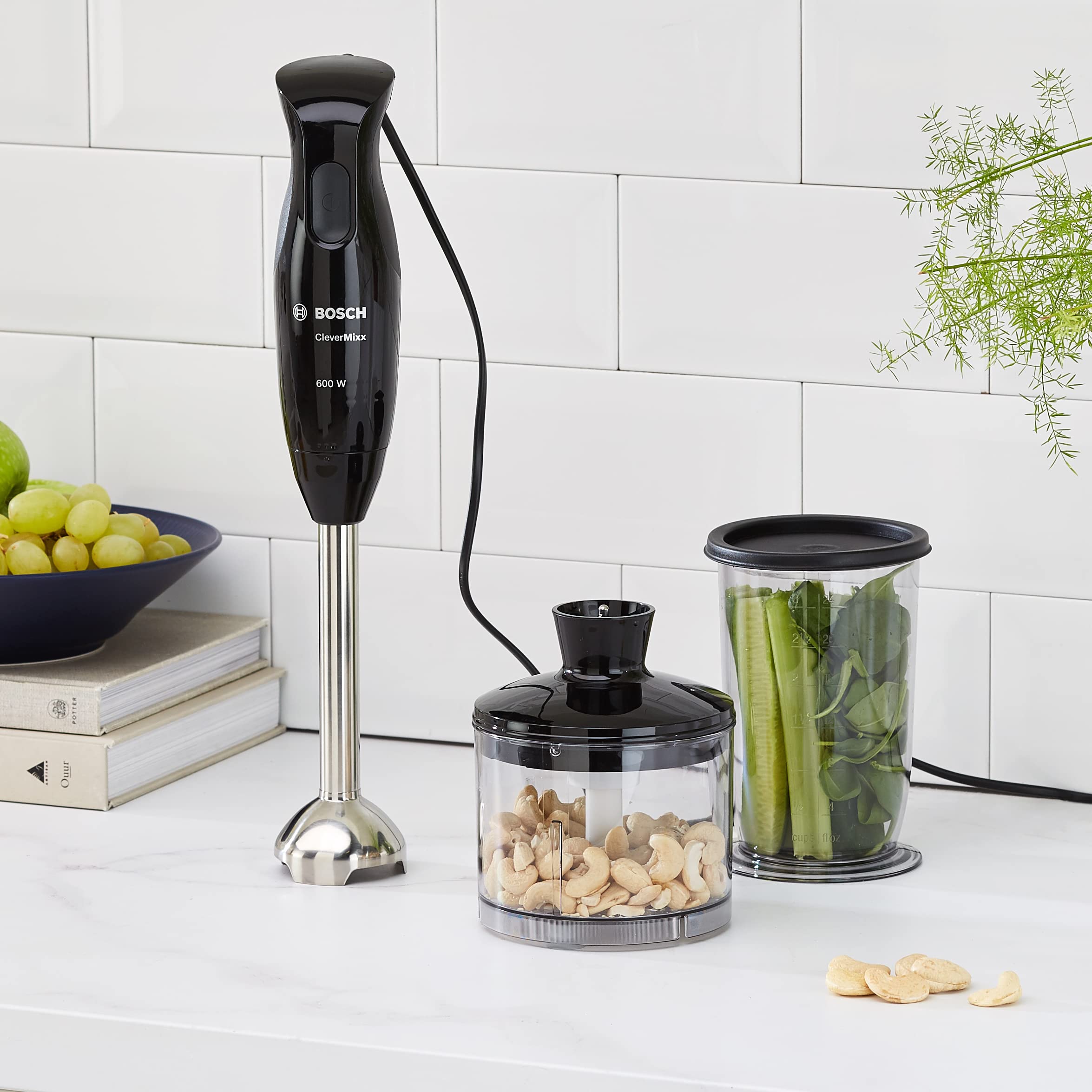 Bosch MSM2610B 600W Hand Blender with 4 Blades - Black/Grey - Powerful Immersion Blender for Smoothies, Soups & Food Prep - Includes Chopper Attachment - Perfect for Kitchen, Camping & Small Spaces