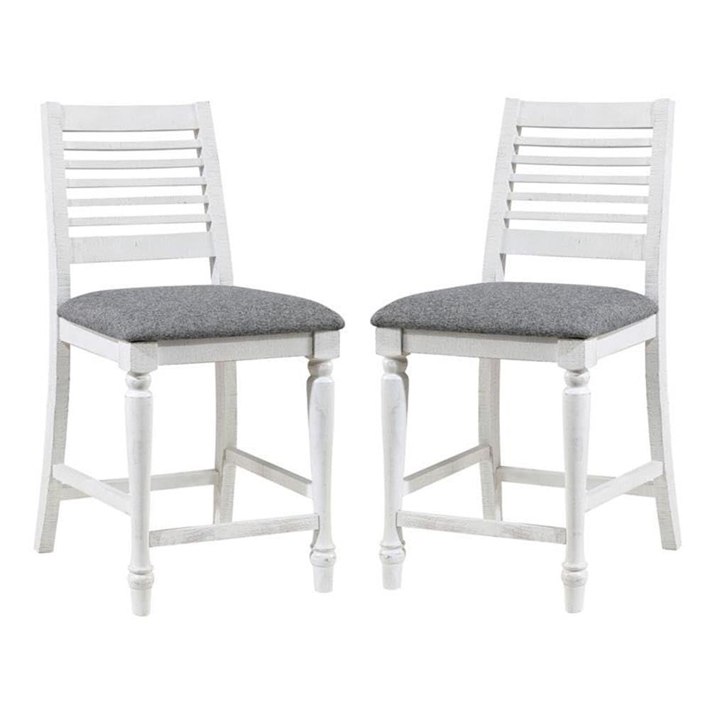 Furniture of America Treon Wood Padded Counter Height Bar Stools - Set of 2 Antique White Kitchen Island Chairs for Dining Room & Breakfast Nook