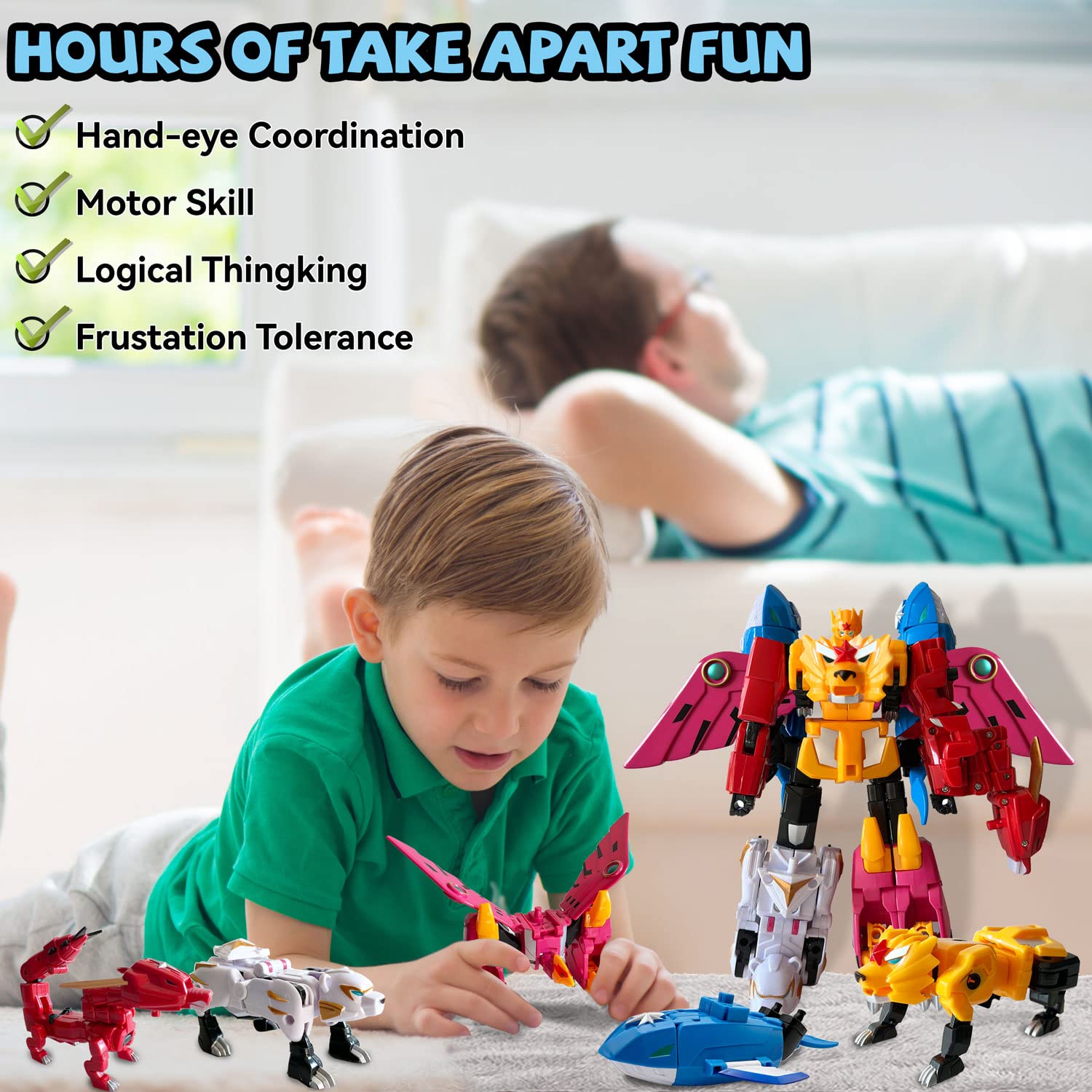 Wenbeier 5-in-1 Transformable Robot Toy Set - Large Animal Action Figures (Lion, Dragon, Whale, Phoenix, Bear) for Kids Ages 6-10 | STEM Learning Take-Apart Construction Toy | Perfect for Creative Play, Birthday Gifts & Collectibles (10 Inches)