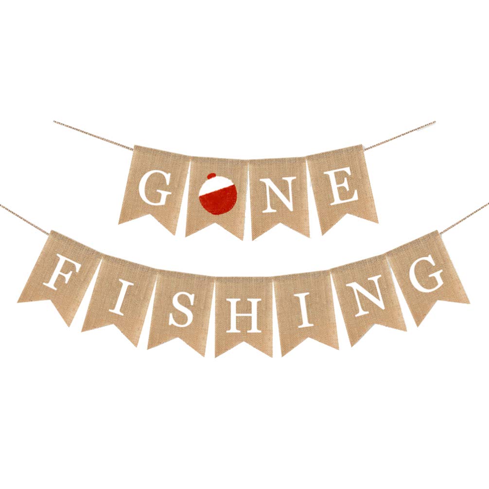 Amosfun Gone Fishing Party Decorations - 1PC Burlap Swallowtail Banner, Themed Garland Pull Flag & Bunting for Summer Birthday, Outdoor BBQ, and Fishing Themed Events