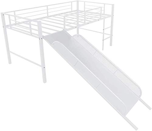 Metal Twin Low Loft Bed with Slide & Safety Guardrails - Space-Saving Kids Bed for Boys & Girls Bedroom Decor | No Box Spring Needed | Multifunctional Design (White) | Perfect for Small Rooms, Play Areas & Sleepovers