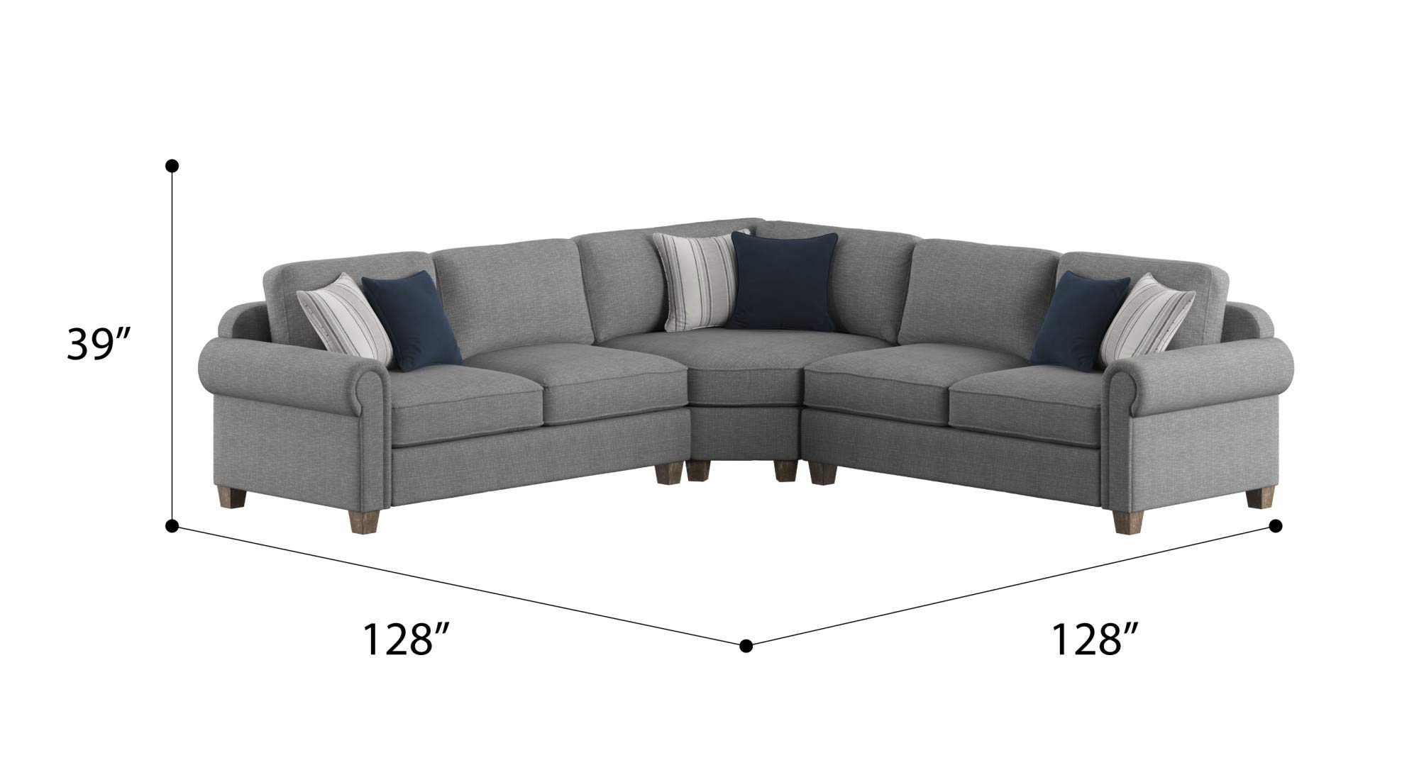 Lucy Stone Gray Sectional Sofa with Pillows & Wood Legs for Living Room