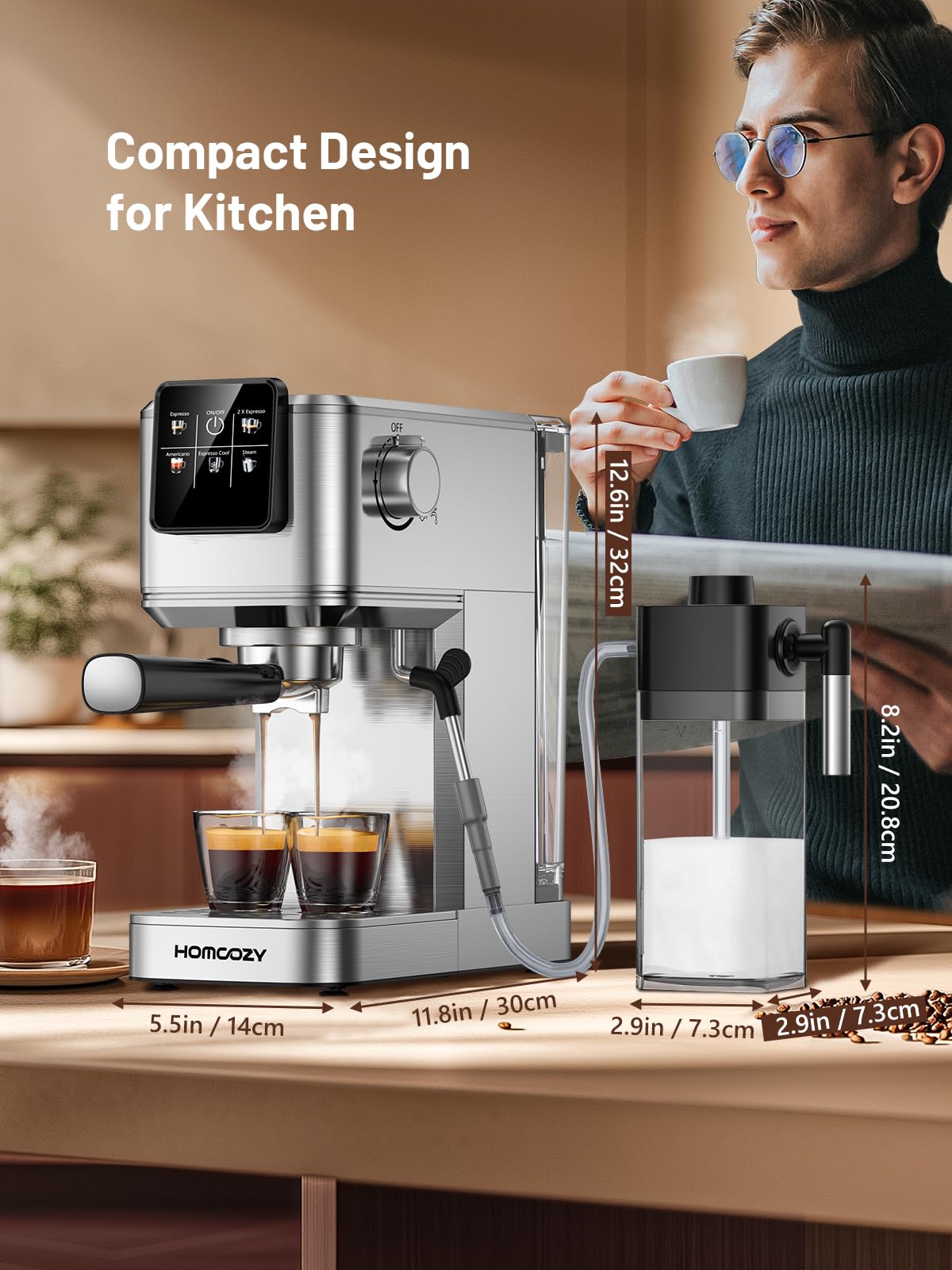 20 Bar Espresso Coffee Machine with Rapid Cold Brew Technology - Separate Milk Tank & Touch Screen Control - Perfect for Lattes, Cappuccinos & Americano - Ideal for Home, Office & Coffee Shops - Stainless Steel Commercial Grade Coffee Maker