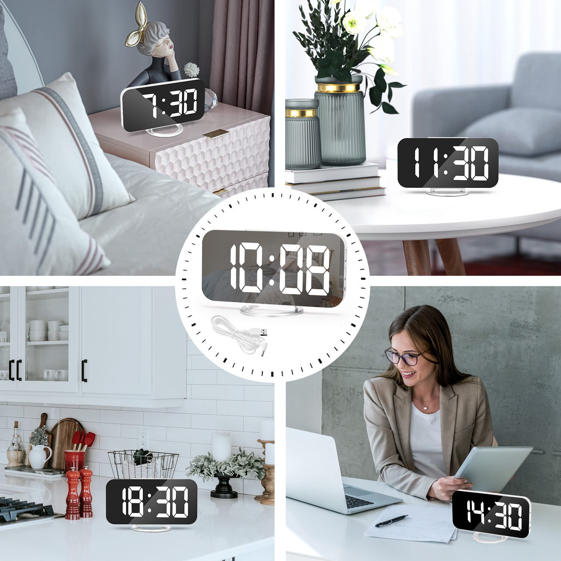 Digital Alarm Clock with LED Mirror Display - Dual USB Ports, 3-Level Brightness & Auto Dimming for Bedroom & Office | Night Mode, Easy Snooze, Modern White Decor | Perfect for Nightstands, Home Offices & Gift Giving