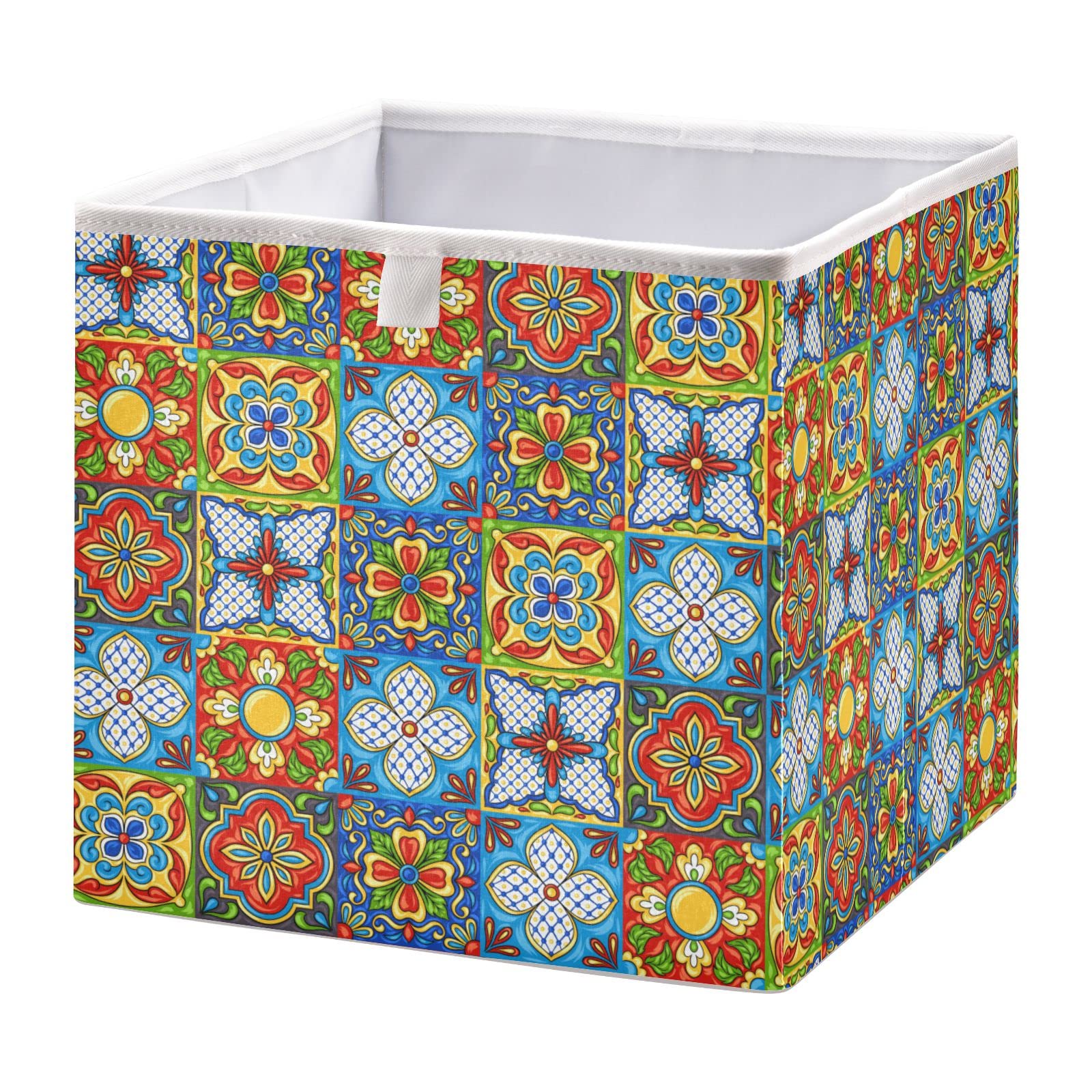 DOMIKING 11 Inch Foldable Fabric Storage Bins with Sturdy Handle - Talavera Ceramic Tile Pattern Closet Organizers for Bedroom, Shelves & Linen Storage | Perfect for Home Organization, Kids' Room & Office Supplies