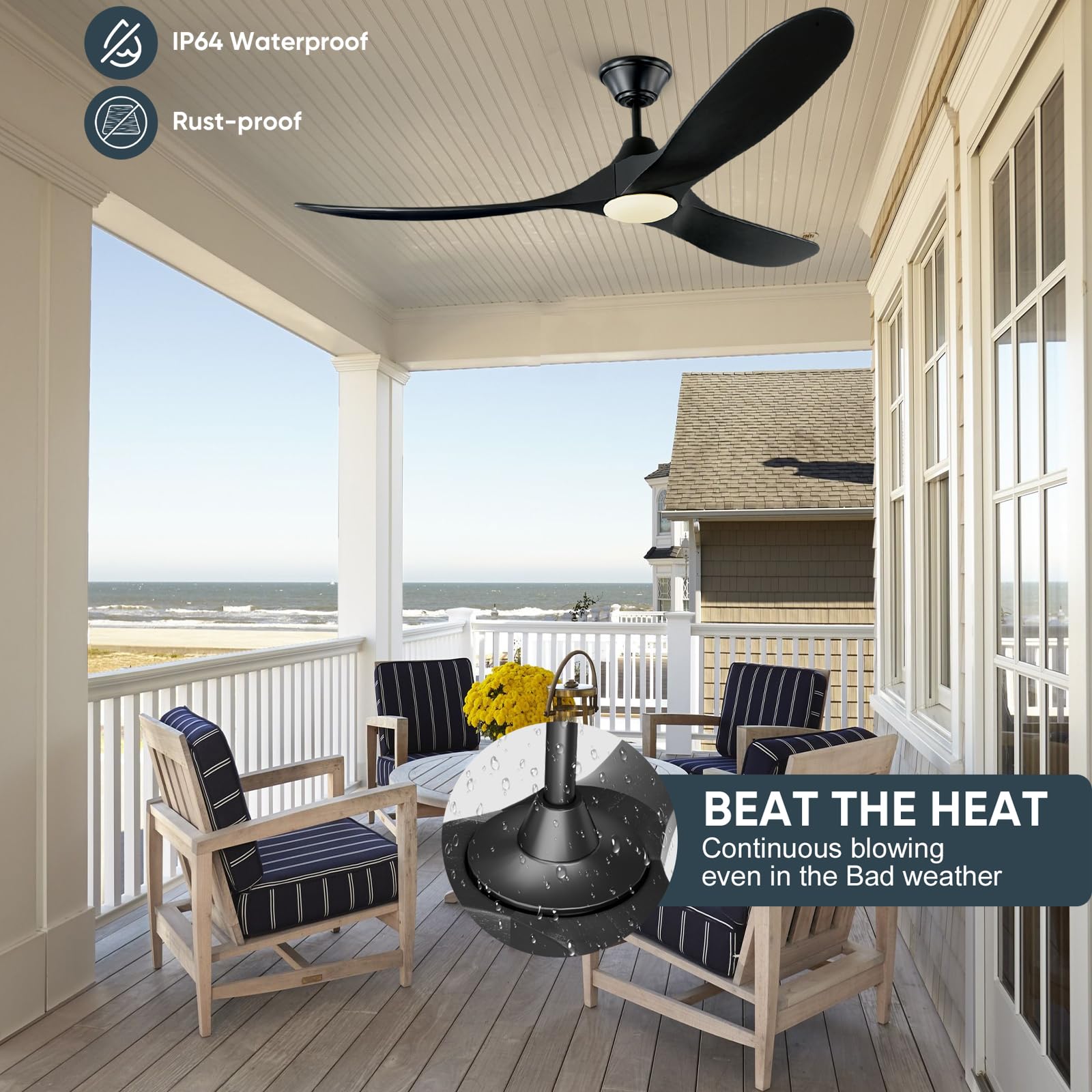 60 Inch Black Ceiling Fan with LED Lights - Damp Rated Outdoor Ceiling Fan for Patio, Porch & Commercial Spaces - High Airflow Smart Modern Wooden Blades - Perfect for Indoor & Exterior Home Cooling