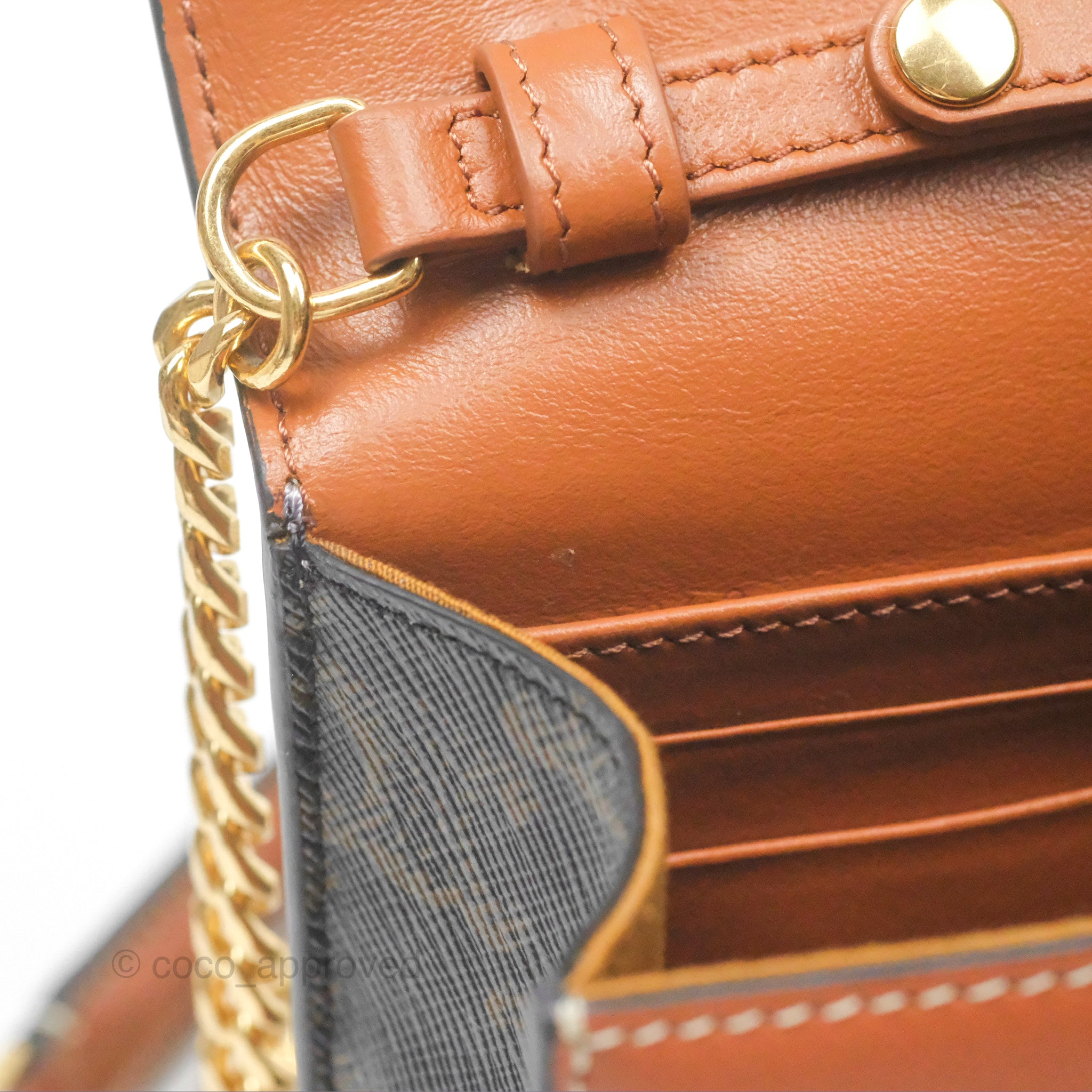 Celine Triomphe Wallet On Chain - Canvas & Tan Calfskin Crossbody Bag for Women | Perfect for Everyday Use, Date Night & Travel Accessories
