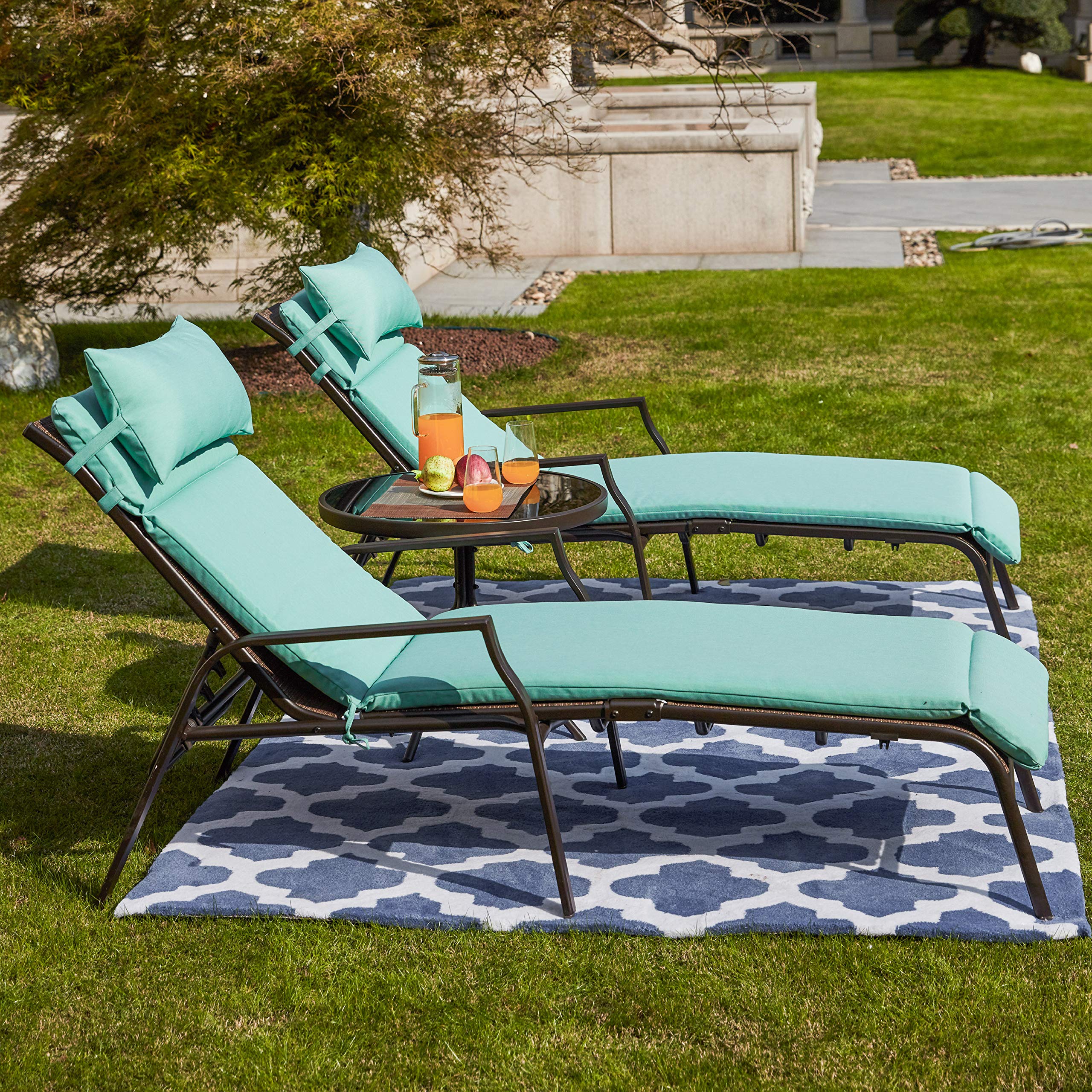 LOKATSE HOME 3-Piece Outdoor Patio Chaise Lounge Chair Set with Cushions & Side Table - Light Blue Waterproof Wicker Furniture for Poolside, Garden, Backyard Relaxation