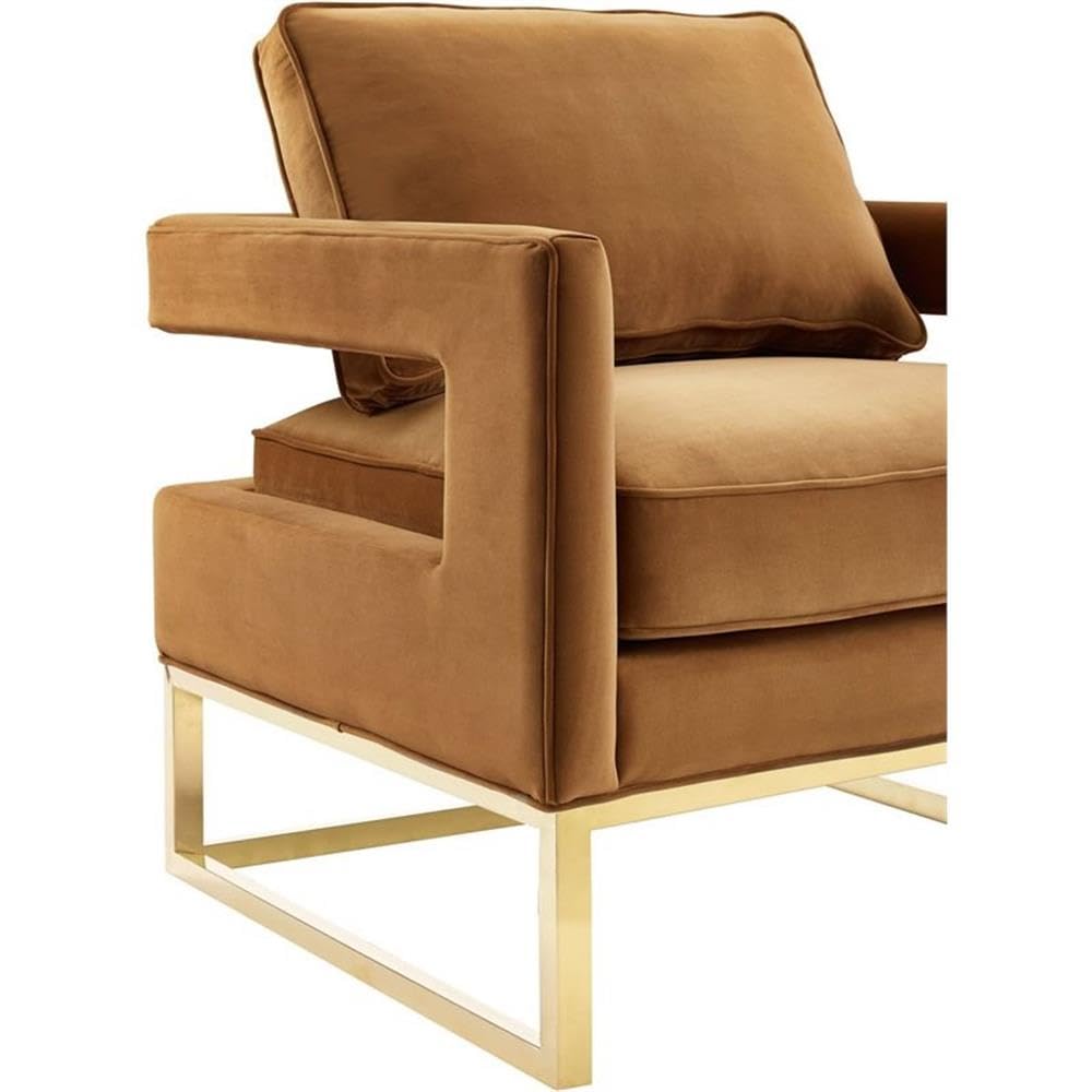 TOV Furniture Avery Collection Modern Leather Upholstered Armchair with Gold Metal Legs - Cognac Brown Living Room Chair for Home Office, Lounge & Reading Nook
