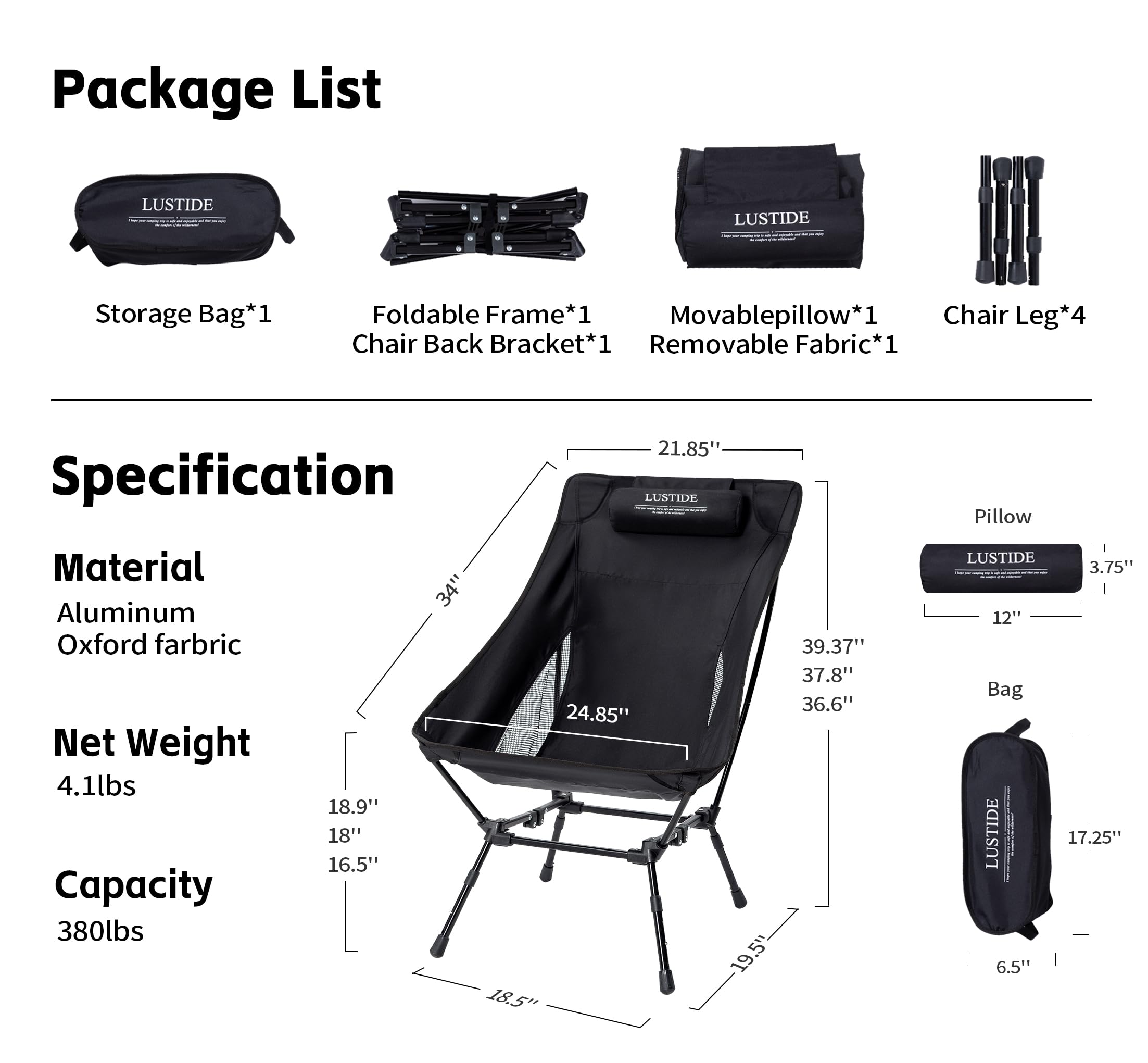 Heavy Duty Camping Chair with High Back Headrest - 380lb Capacity, Durable Aluminum Frame & 3-Way Adjustable Legs - Compact Folding Design with Carry Bag - Perfect for Camping, Beach, Hiking, Tailgating, Backyard & Outdoor Adventures