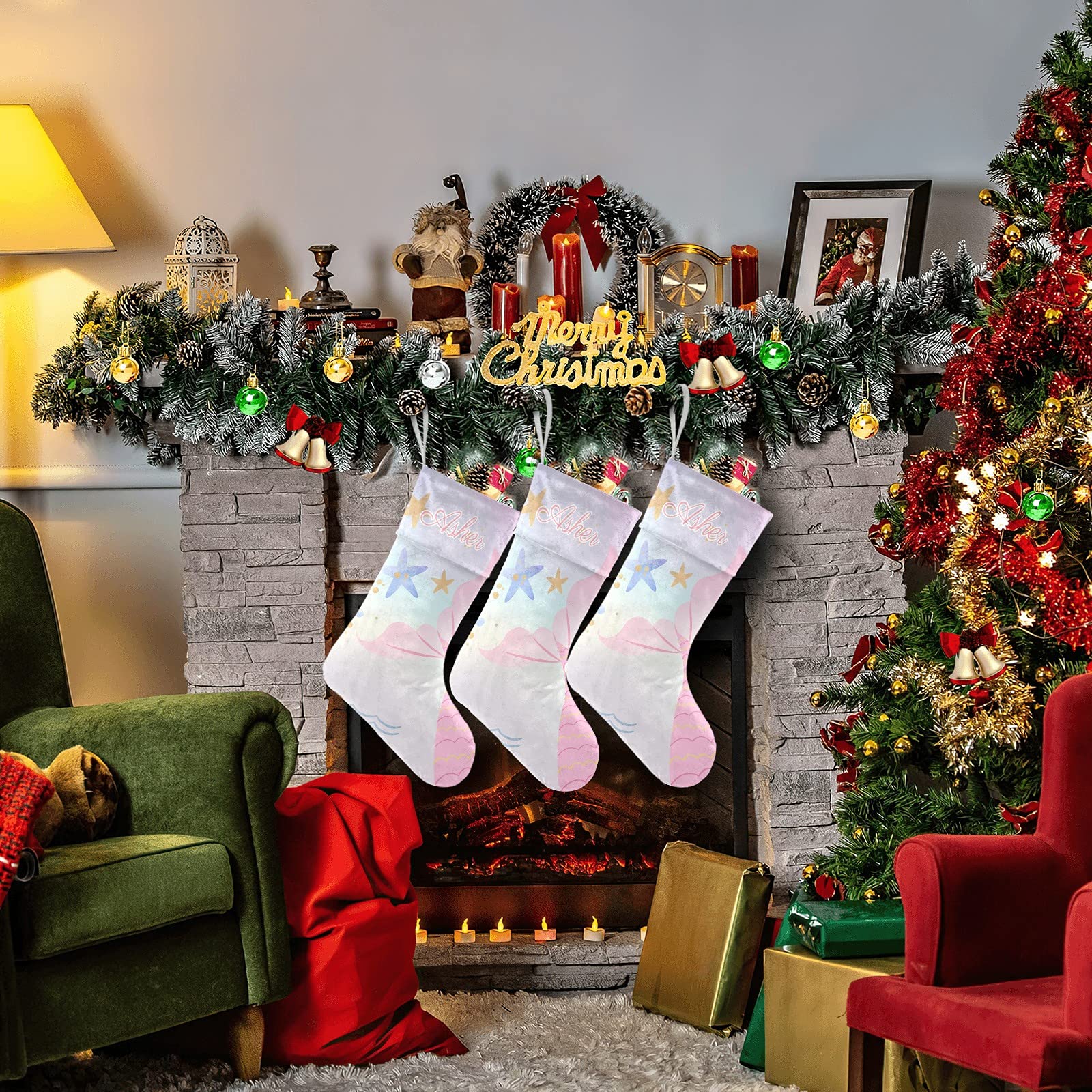 **Personalized Christmas Stockings with Name - Large Custom Family Stockings for Adults, Kids, Baby & Pets (Mermaid Pink) - Perfect Holiday Decor & Gift for Girls, Boys, Christmas Xmas Celebrations**