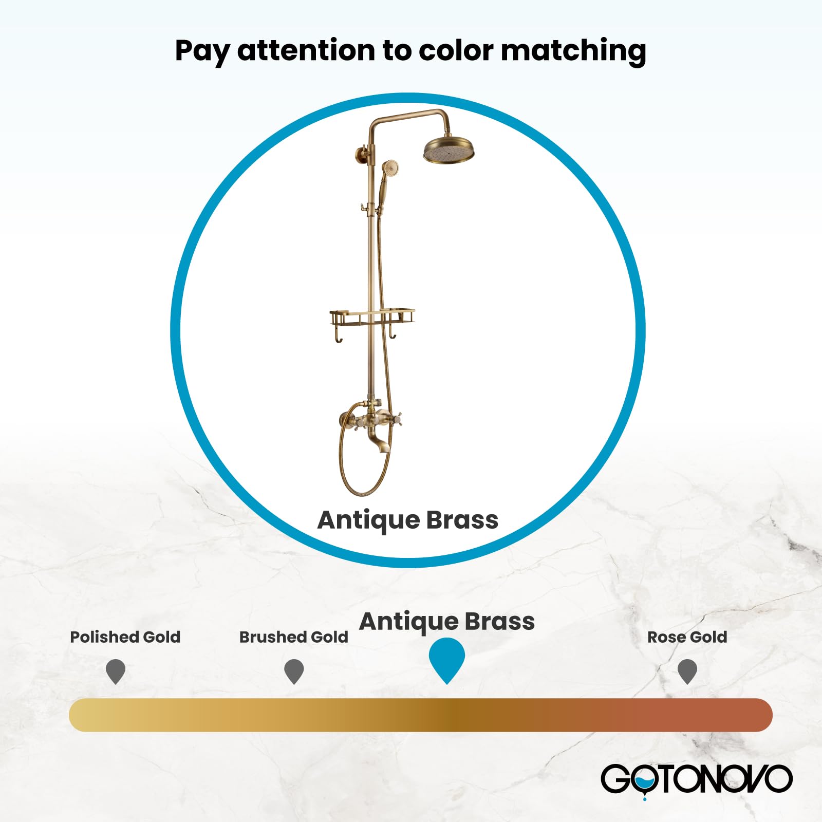Gotonovo 8-Inch Rainfall Shower Head with Handheld Spray & Tub Spout - 3-Function Wall Mounted Antique Brass Bathroom Faucet Set with Shower Shelf - Perfect for Vintage Style Bathrooms & Spa-Like Showers