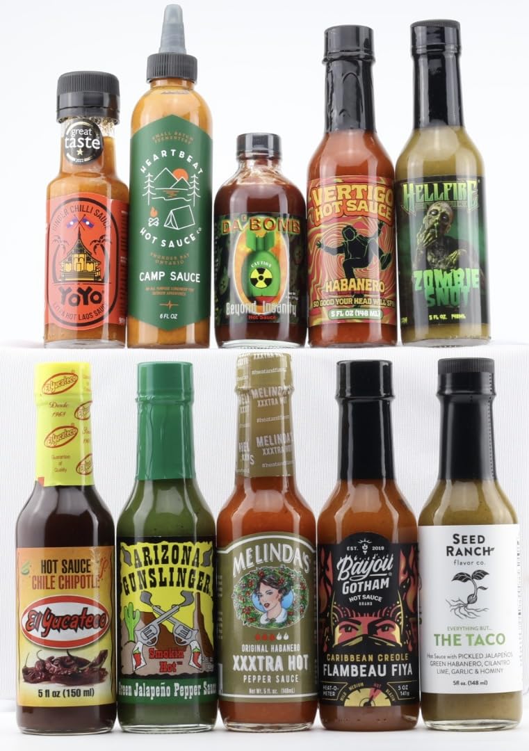 Hot Sauce Variety Pack - 10 Spicy Flavors Including Da Bomb, Heartbeat Red Habanero & Dave's Insanity | Perfect for Wings, Tacos, Burgers & BBQ | Gourmet Hot Sauce Gift Set for Heat Lovers