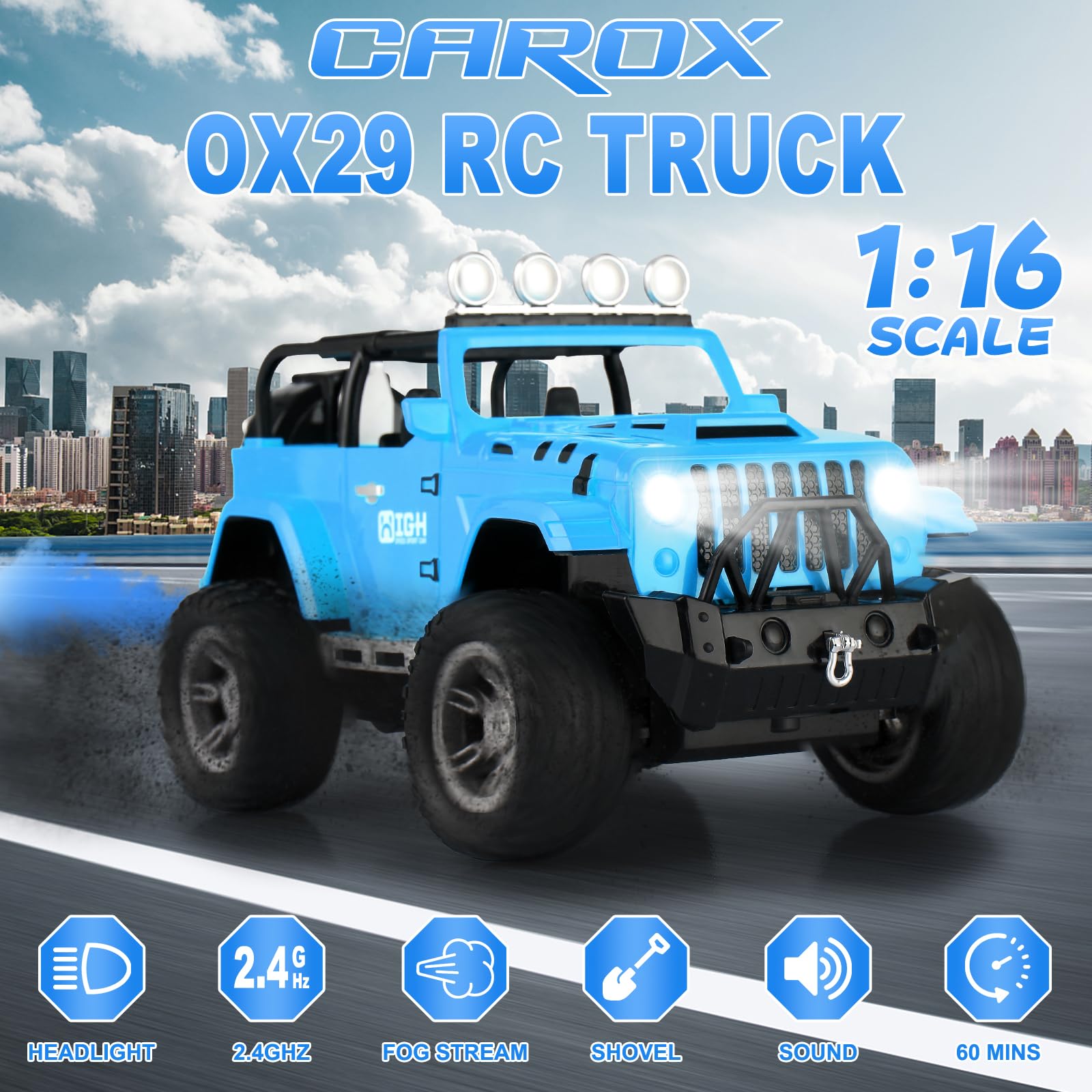 Carox 1:16 Scale Remote Control Car for Kids - 2.4Ghz RC Monster Truck with Spray Mist, Engine Sounds & LED Lights | Off-Road Toy Gift for Boys & Girls (Christmas, Birthday, Outdoor Play, Backyard Racing)
