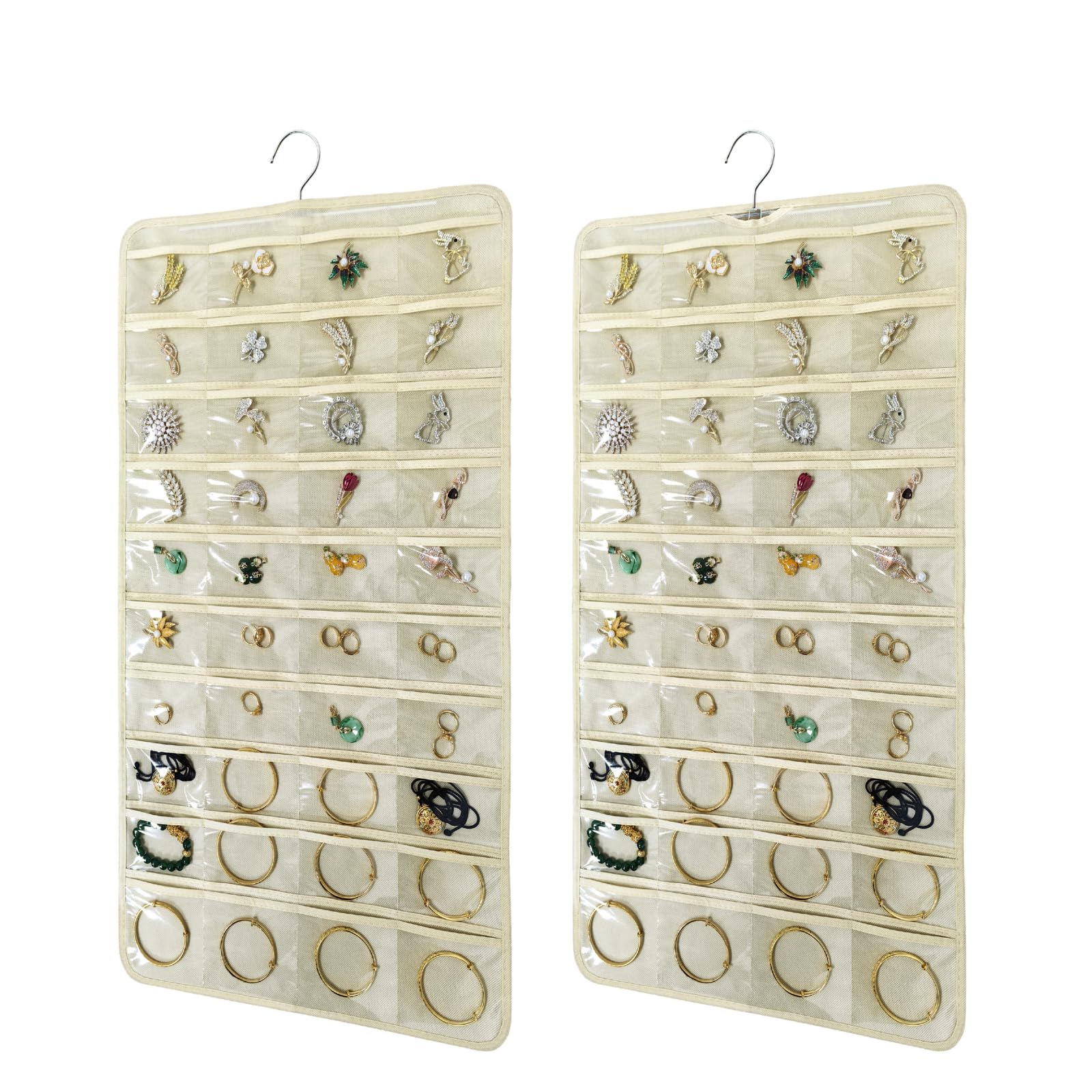 2 Pack (160 Pockets Total) Double-Sided Hanging Jewelry Organizer with Metal Hooks - Wall/Door/Closet Storage for Earrings, Necklaces, Rings - Space Saving Beige Jewelry Holder (2 Pcs) - Perfect for Bedroom, Bathroom & Travel Organization