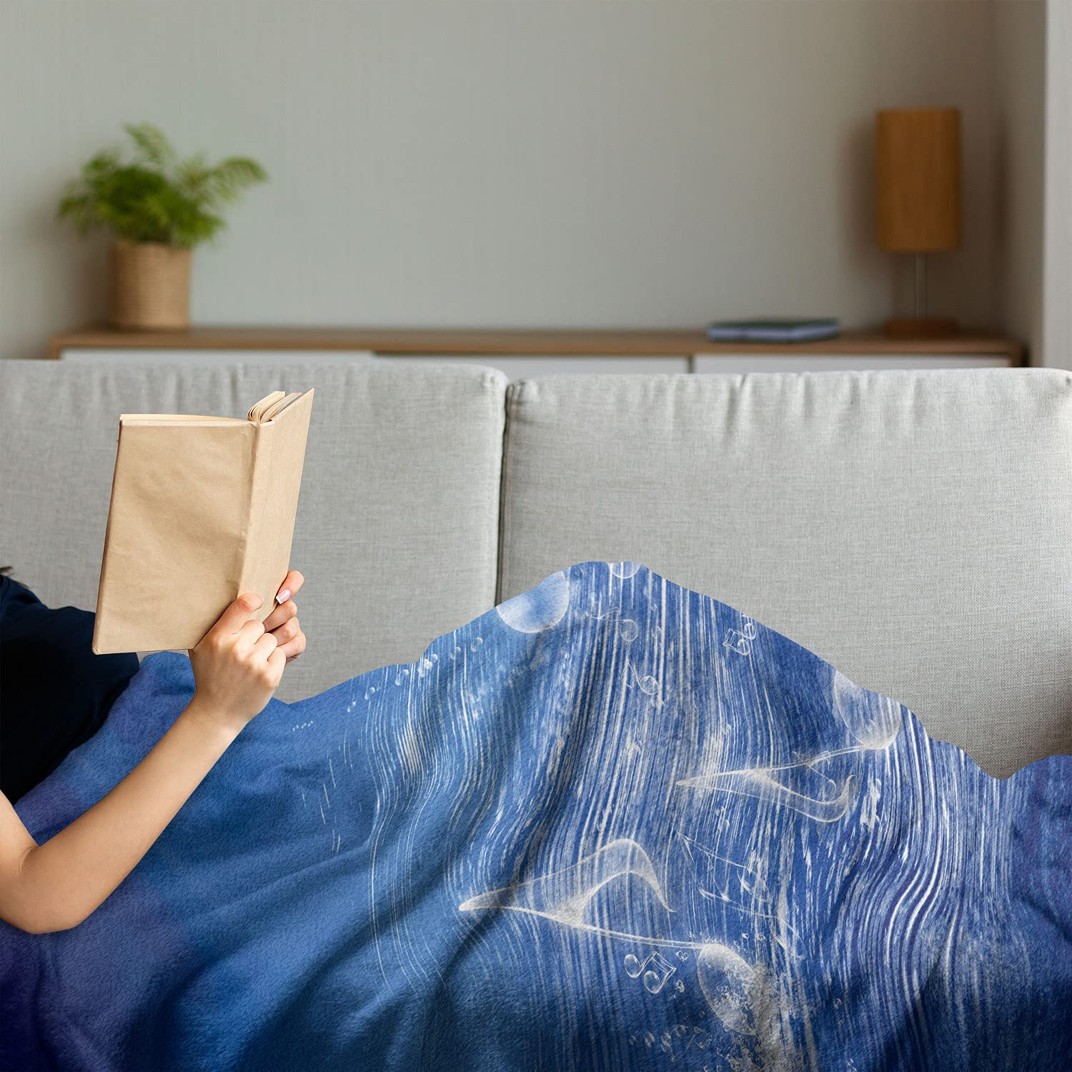 Ambesonne Music Themed Fleece Throw Blanket - Blue Musical Notes & Dancing Waves Design, 70