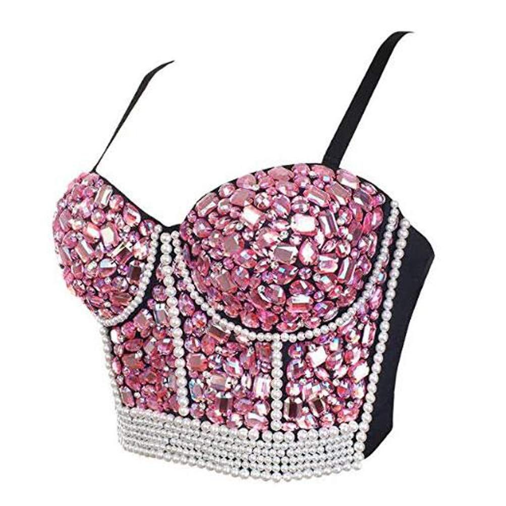VEENDEO Rhinestone & Pearl Embellished Women's Corset Bustier Crop Top Bra Vest - Sexy Pink Lingerie for Valentine's Day, Bachelorette Party & Boudoir Photography