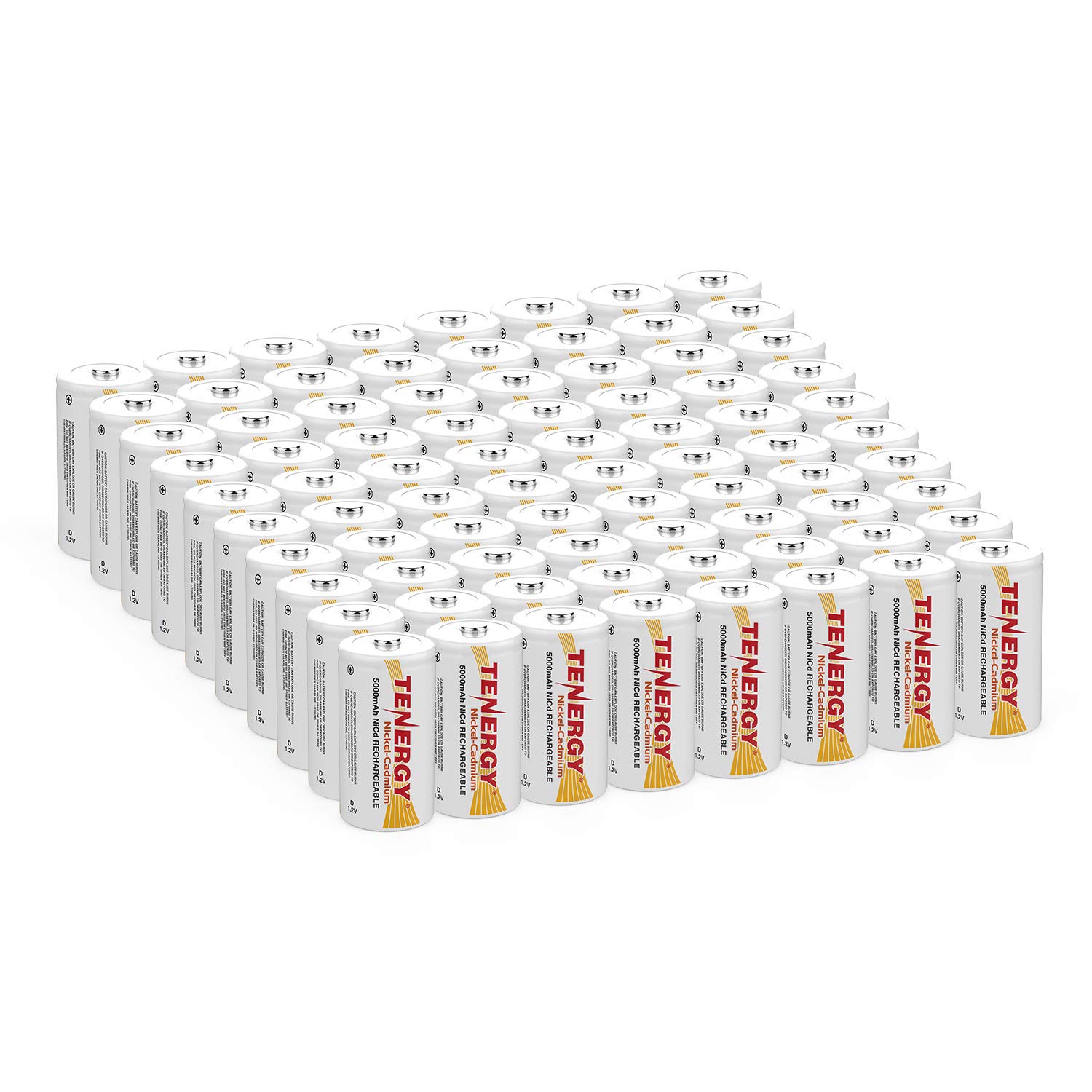 Tenergy D Size 5000mAh NiCd Rechargeable Batteries with Button Top - 80 Pack for Flashlights, Toys, Emergency Kits & Electronic Devices
