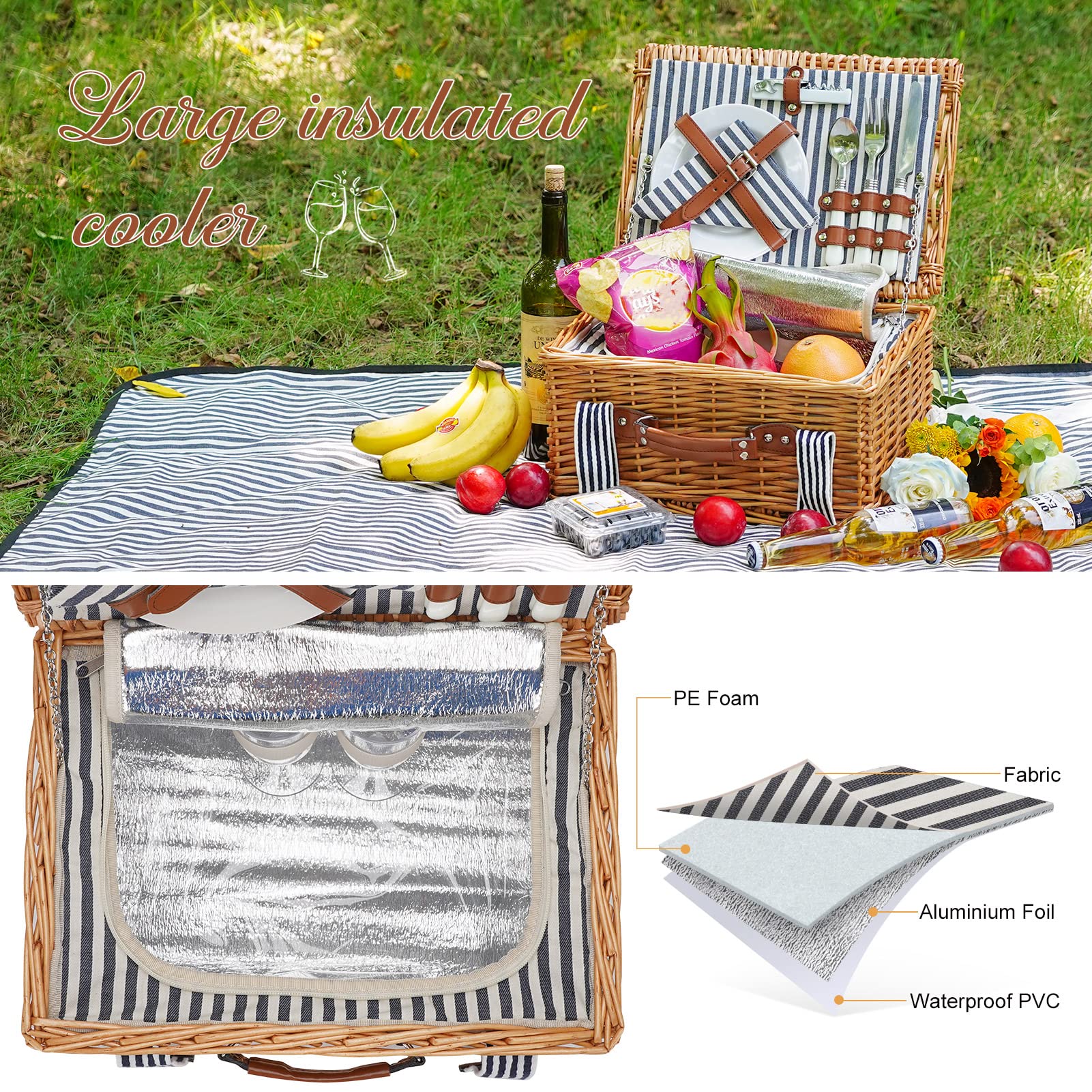 Handmade Willow Picnic Basket Set for 2 Persons - Insulated Cooler, Cutlery Kit & Blanket Included | Romantic Outdoor Gift for Couples, Valentine's Day, Birthday, Wedding | Perfect for Beach Picnics, Park Dates & Garden Parties