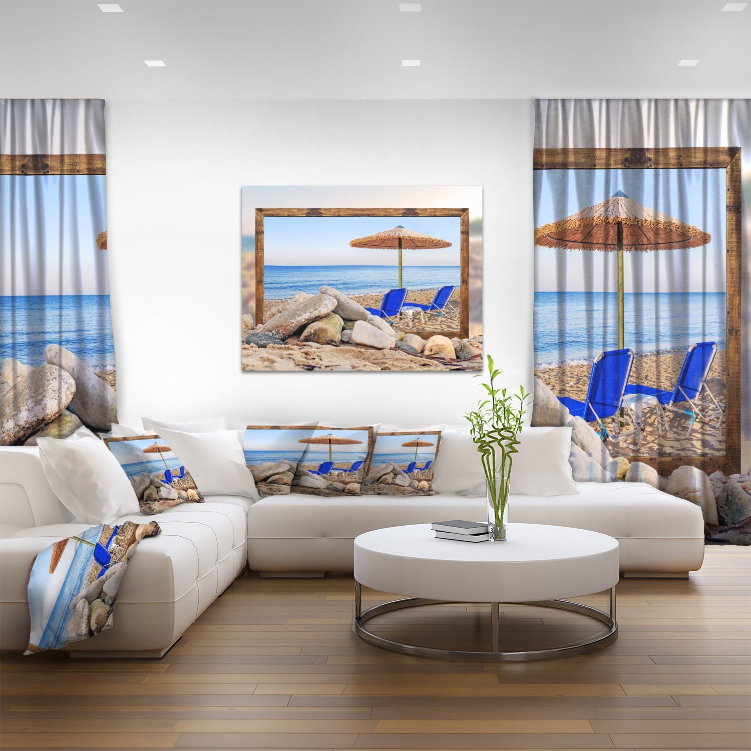 Framed Beach Canvas Art Print - Scenic Seashore with Chairs & Umbrella - Perfect for Living Room, Bedroom & Coastal Decor