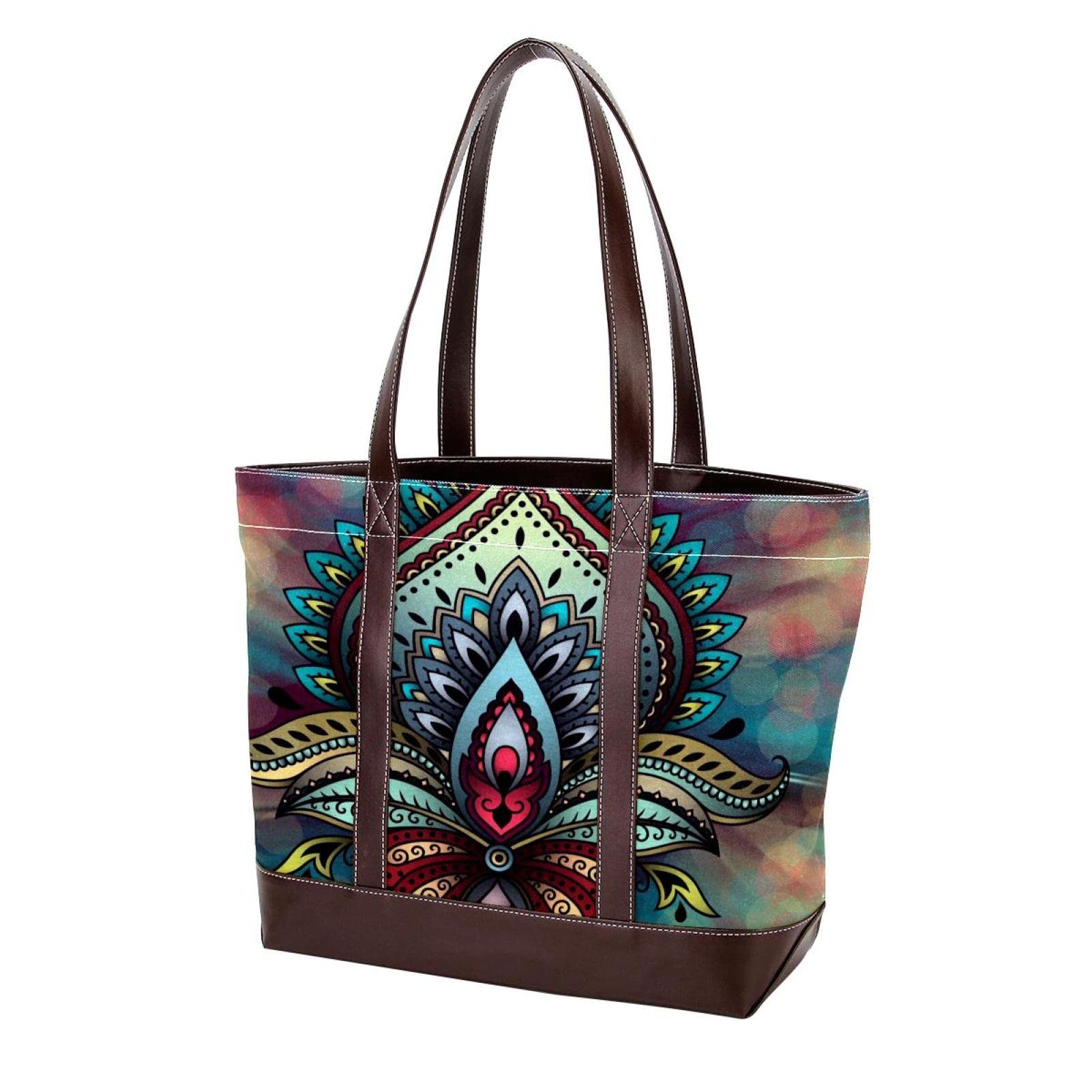 Stylish Women's Leather & Canvas Tote Bag with Anchors Pattern - Large Top Handle Shoulder Satchel Hobo Purse for Work, Travel & Everyday Use