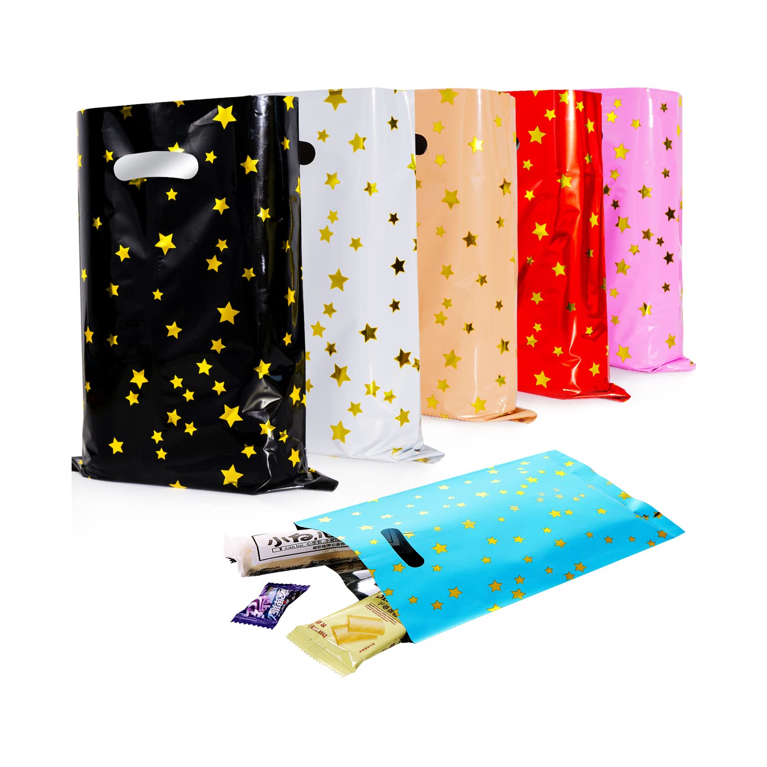 48-Pack Colorful Plastic Party Favor Bags with Gold Stars - Bulk Goodie Bags for Kids Birthday Parties, Baby Showers & School Events