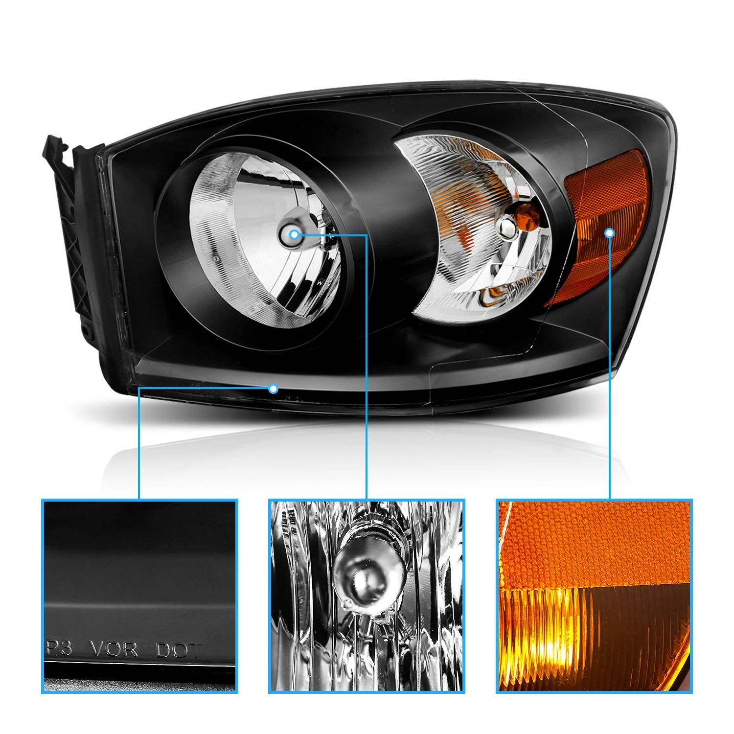 AmeriLite Black Replacement Headlights Pair for 2006-2008 Dodge Ram 1500 & 2006-2009 Ram 2500/3500 (Bulbs Included) - Perfect for Night Driving & Off-Road Adventures